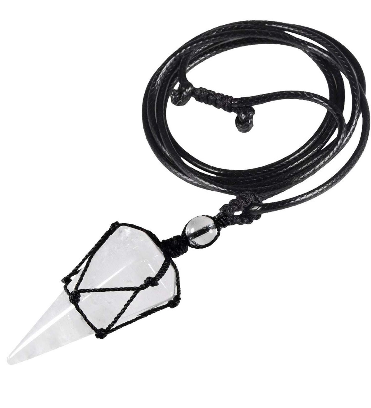 Kyeygwo Six-Seckiger Crystal Pendant Necklace | Adjustable Leather Rope | Polished Quartz Healing Reiki Pendant | White Stone Chain - Buy Online on GoSupps.com