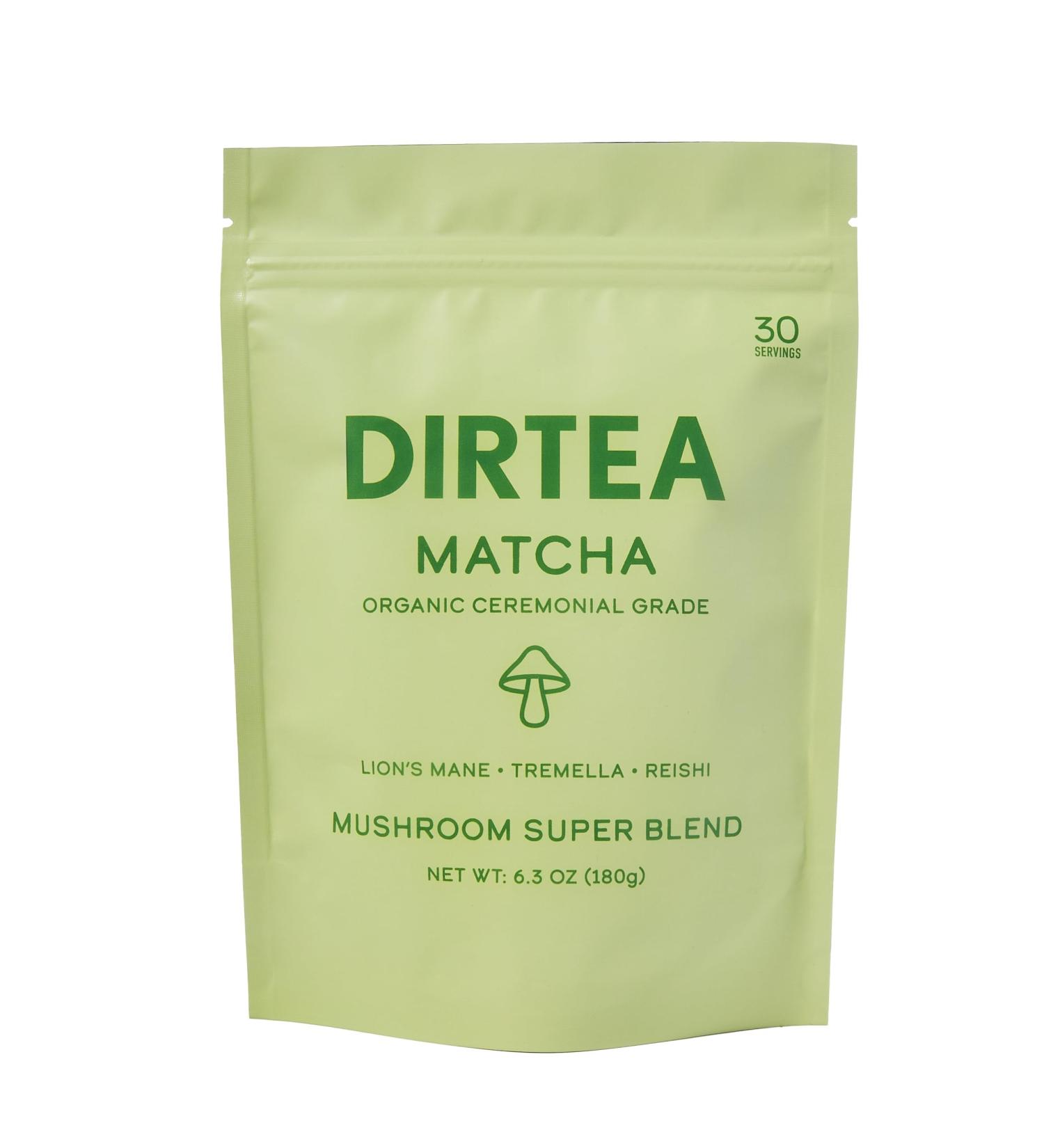 DIRTEA Mushroom Matcha Blend | Organic & Ceremonial Grade | Vegan & Non GMO | with Lion's Mane Reishi & Tremella | for Skin Focus and Long-Lasting Energy | Pouch 180g - 30 Day Serving - Buy Online on GoSupps.com