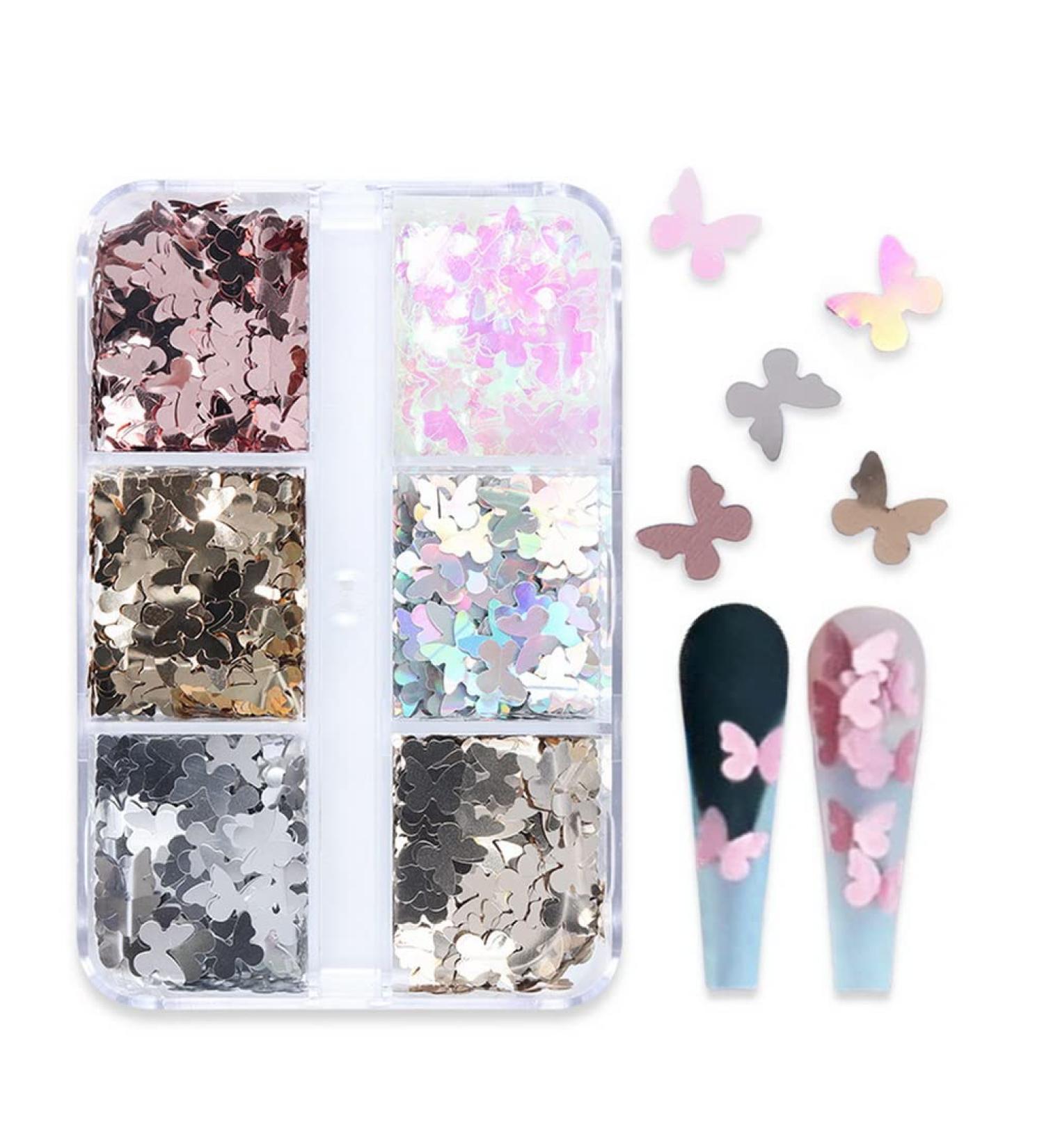 Woration 6 Grids Metallic Butterfly Glitters Nail Art Sequin Ornament Nail Art DIY Decorations Sparkle Colorful Confetti Holographic Butterflies Shape Flakes Accessories Style D - Buy Online on GoSupps.com