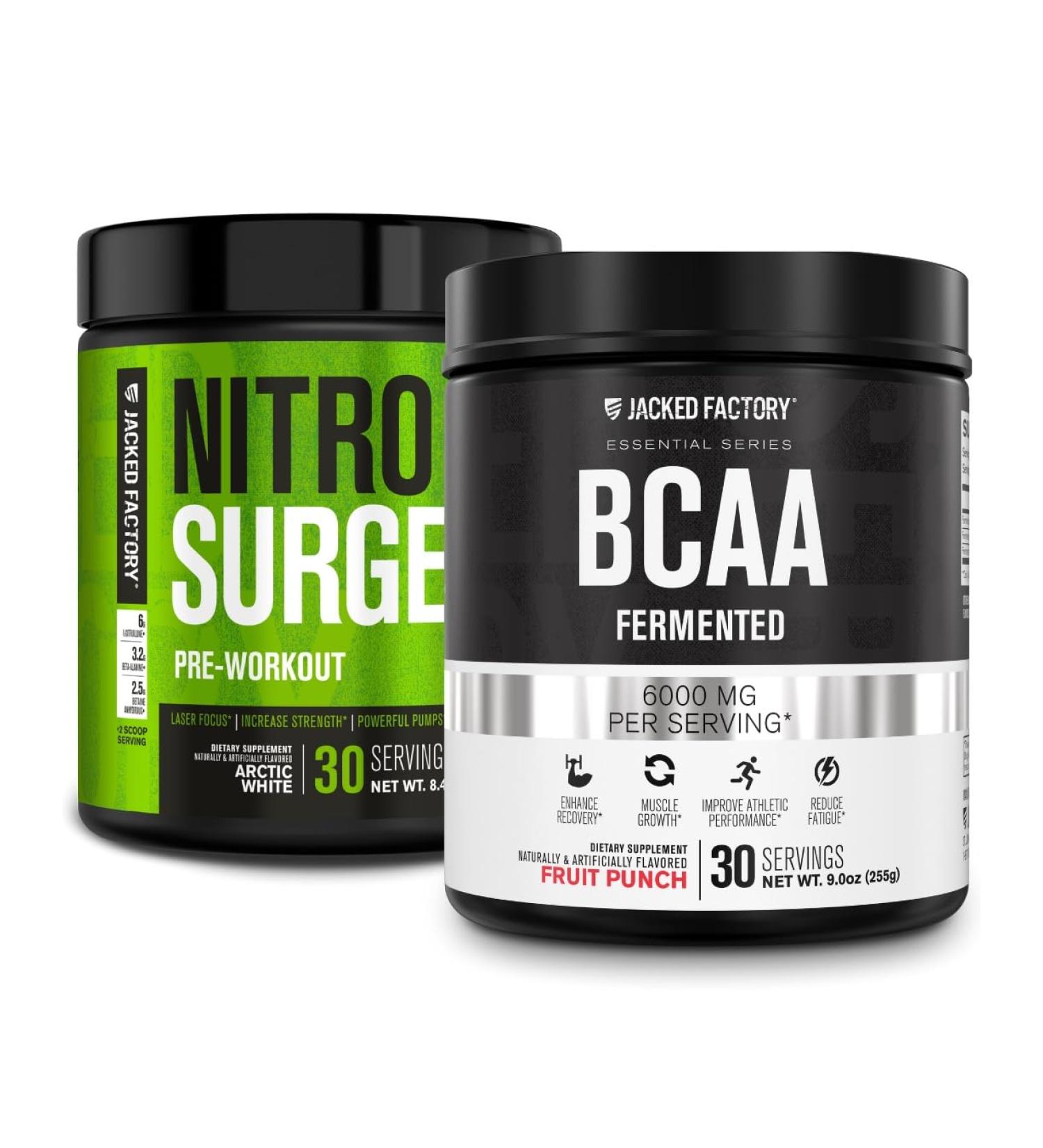 Jacked Factory Nitrosurge Pre-Workout in Arctic White & BCAA in Fruit Punch for Muscle Building and Recovery - Buy Online on GoSupps.com