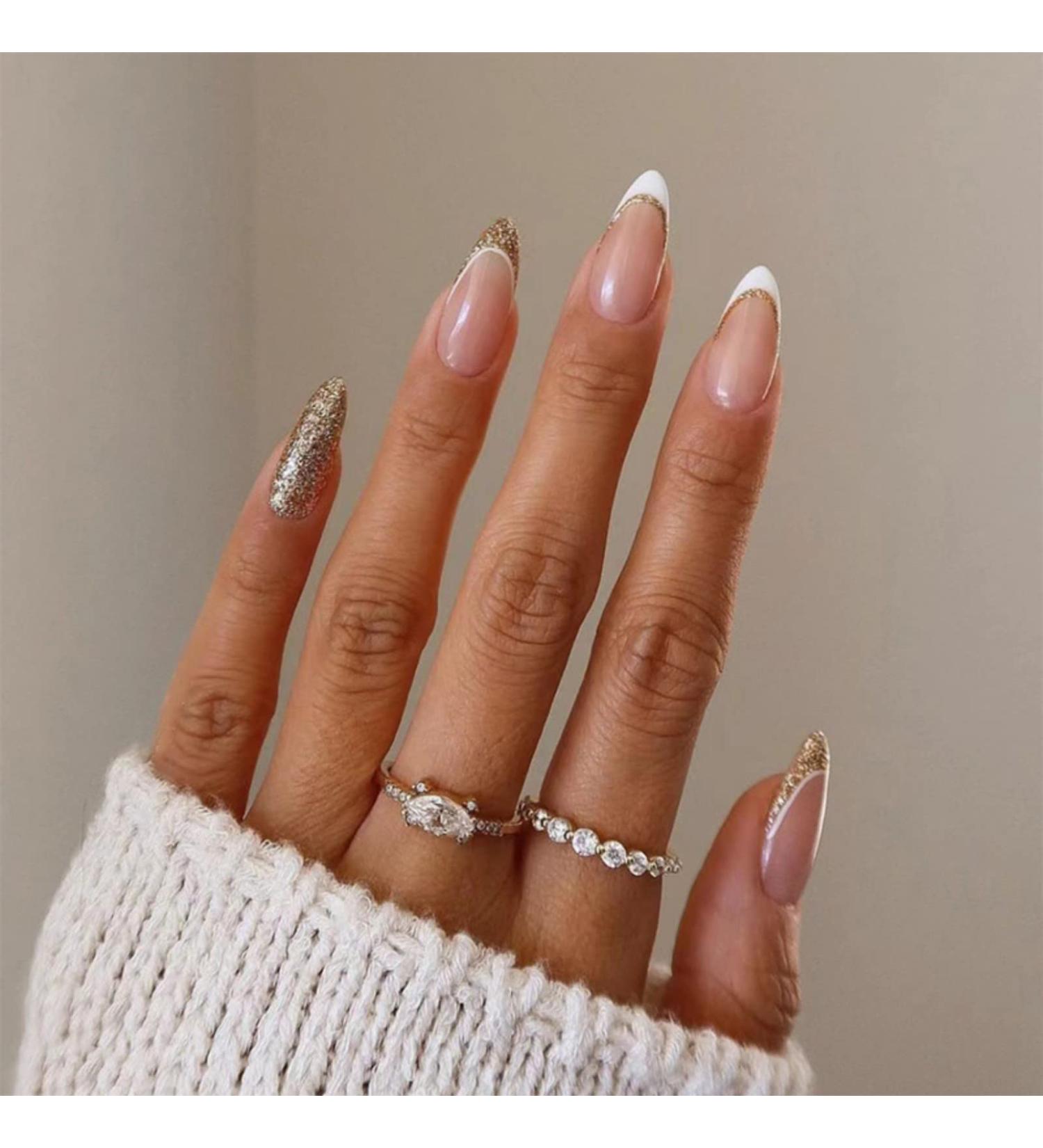 Justotry 24 Pcs Gold Glitter Almond Short False Nails - French Press on Nails | Trendy Nude Fake Nails with Glue | Stiletto Medium Stick on Nails for Women - Buy Online on GoSupps.com