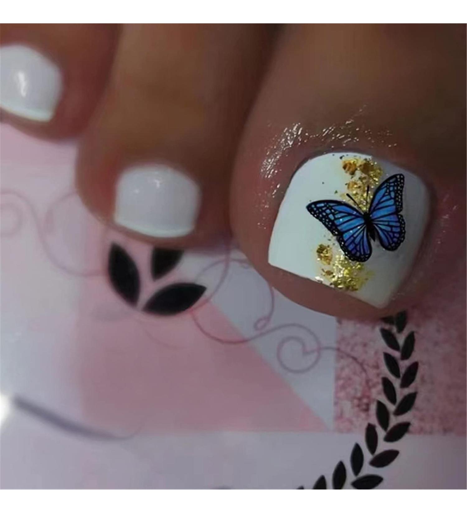 VOTACOS French Tip Butterfly Design Press on Toenails - 24PCS Short Square Fake Toeails for Women - Nude Full Cover Glossy Acrylic Toenails - Toe Nail X36 D8 - Buy Online on GoSupps.com