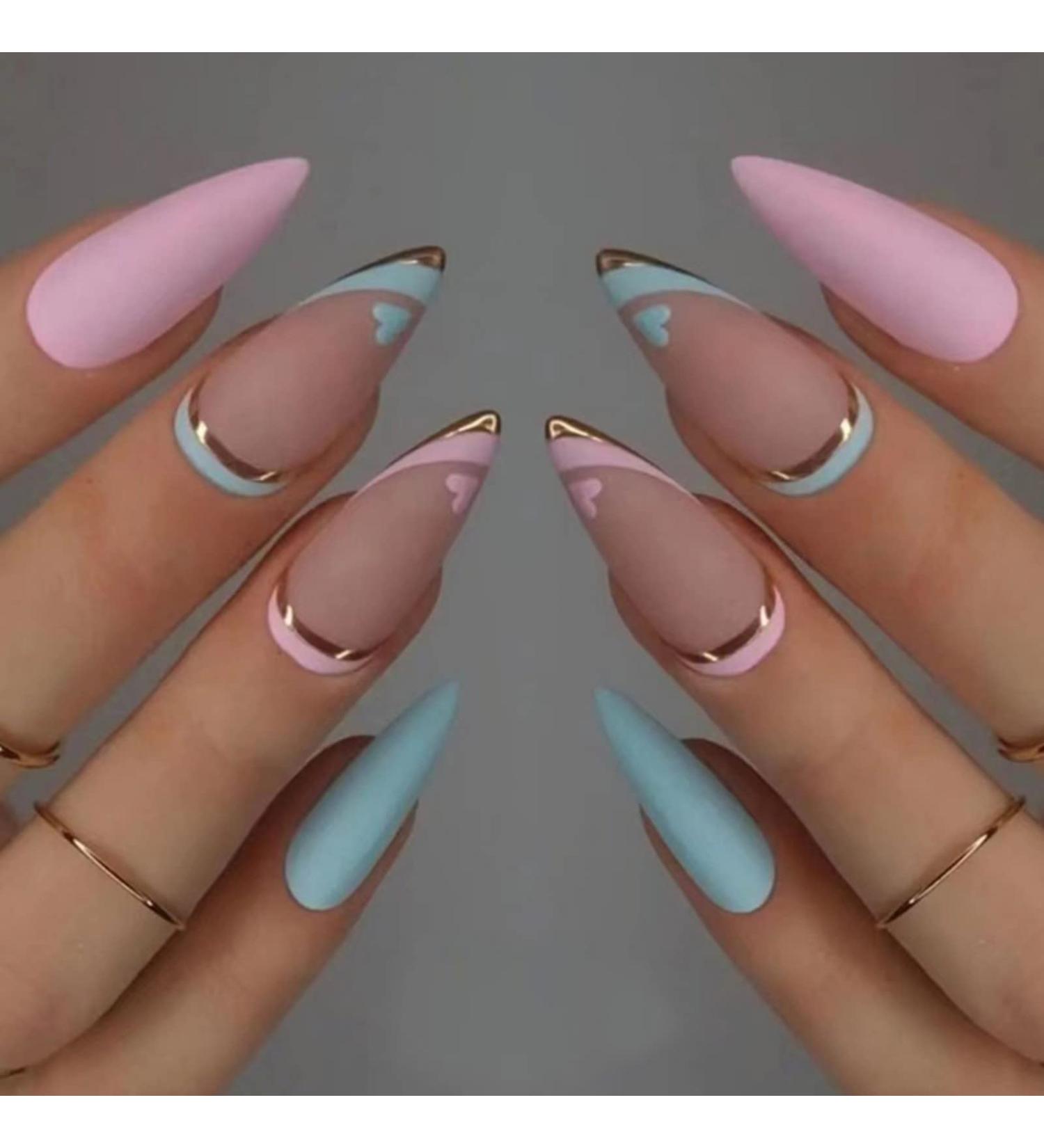 JUSTOTRY 24 Pcs Matte Stiletto Short False Nails | Heart Pattern Pale Pink & Blue French Press On Nails | Pretty Fake Nails with Nail Glue | Almond Medium Stick On Nails for Women - Buy Online on GoSupps.com