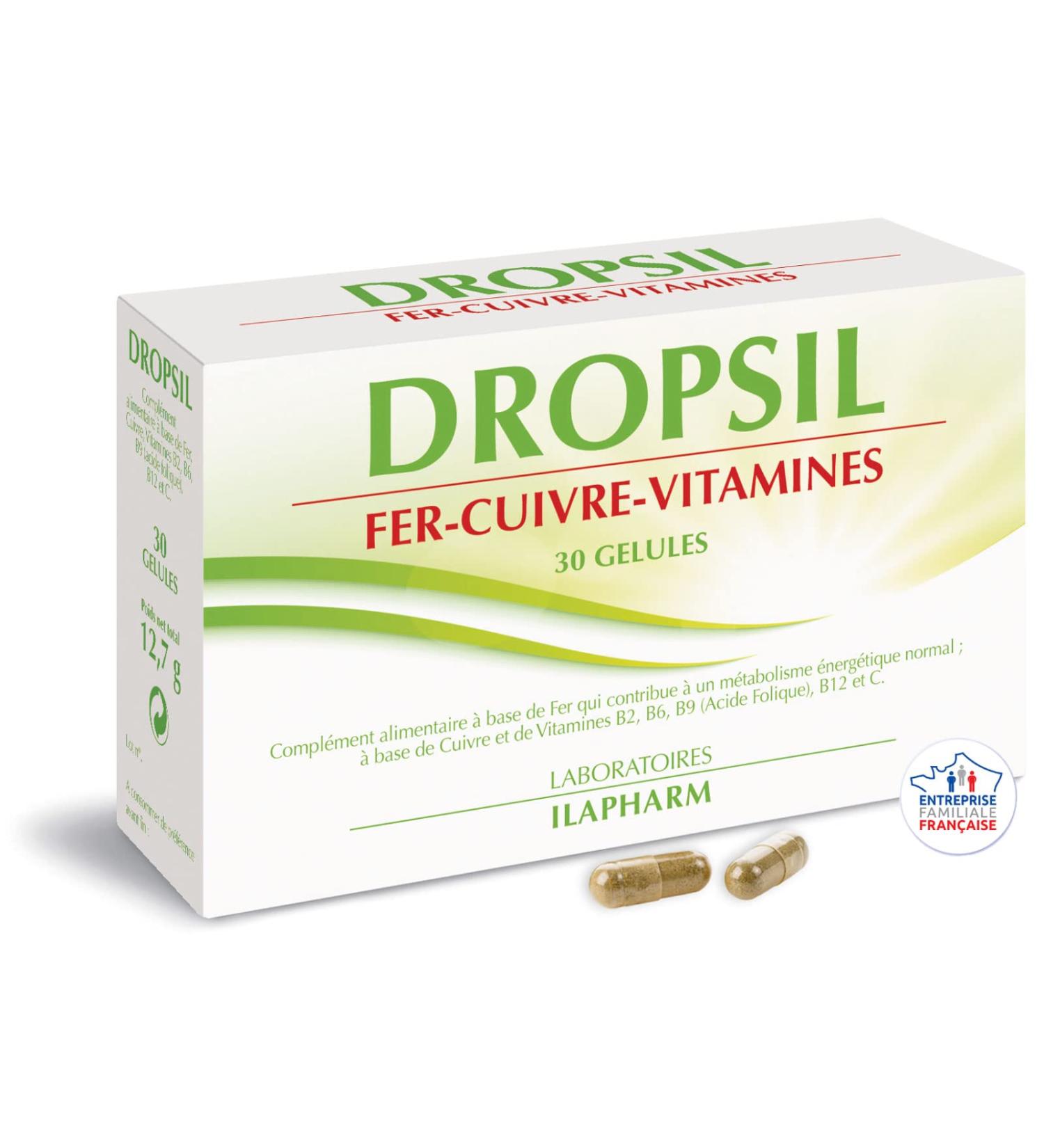 Ilapharm Laboratories - DROPSIL Iron - Copper - Vitamins - TRAIN, DYNAMISM and GOOD MOOD - Box of 60 capsules