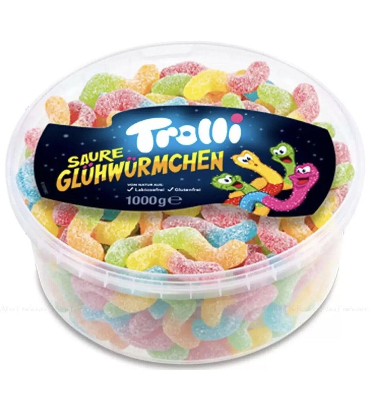 Trolli Sour Glowworms Fruity Jelly Gummies Flavour Sour Sweet Party Tub Pack - 3 Flavours - Gluten Free - Perfect for Parties - 1kg