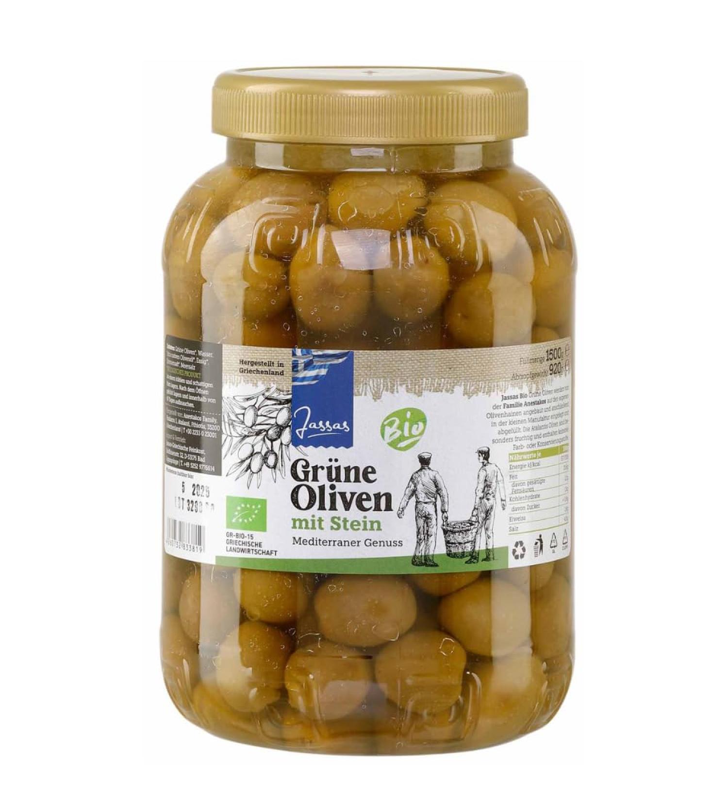 Greek Green Olives with Stone 920g | Organic Certified | Green Olives from Greece | Jassas | GR-BIO-15