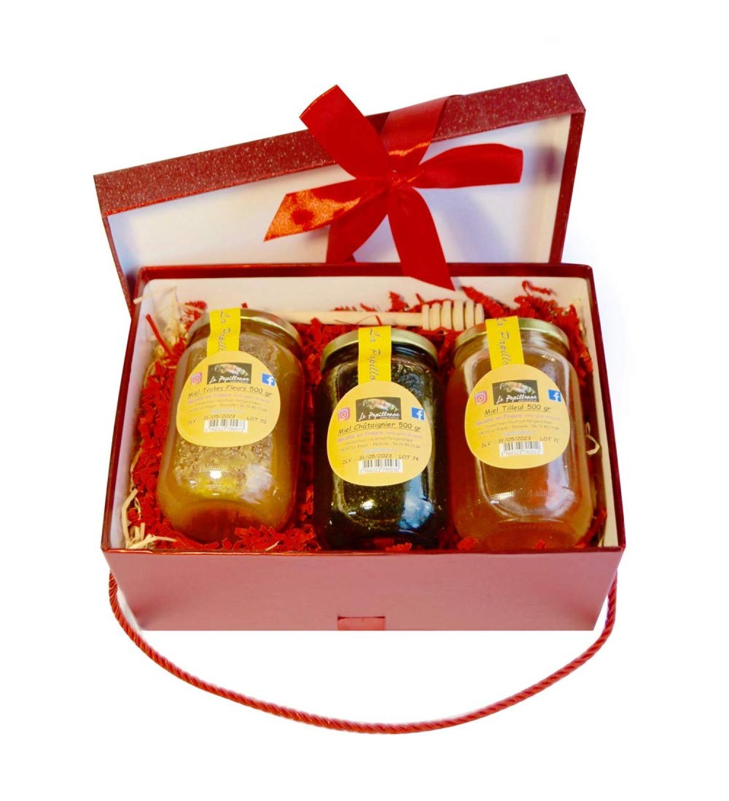 The gourmet basket - all-flower honey + chestnut + lime blossom (3x 500g) + free wooden spoon