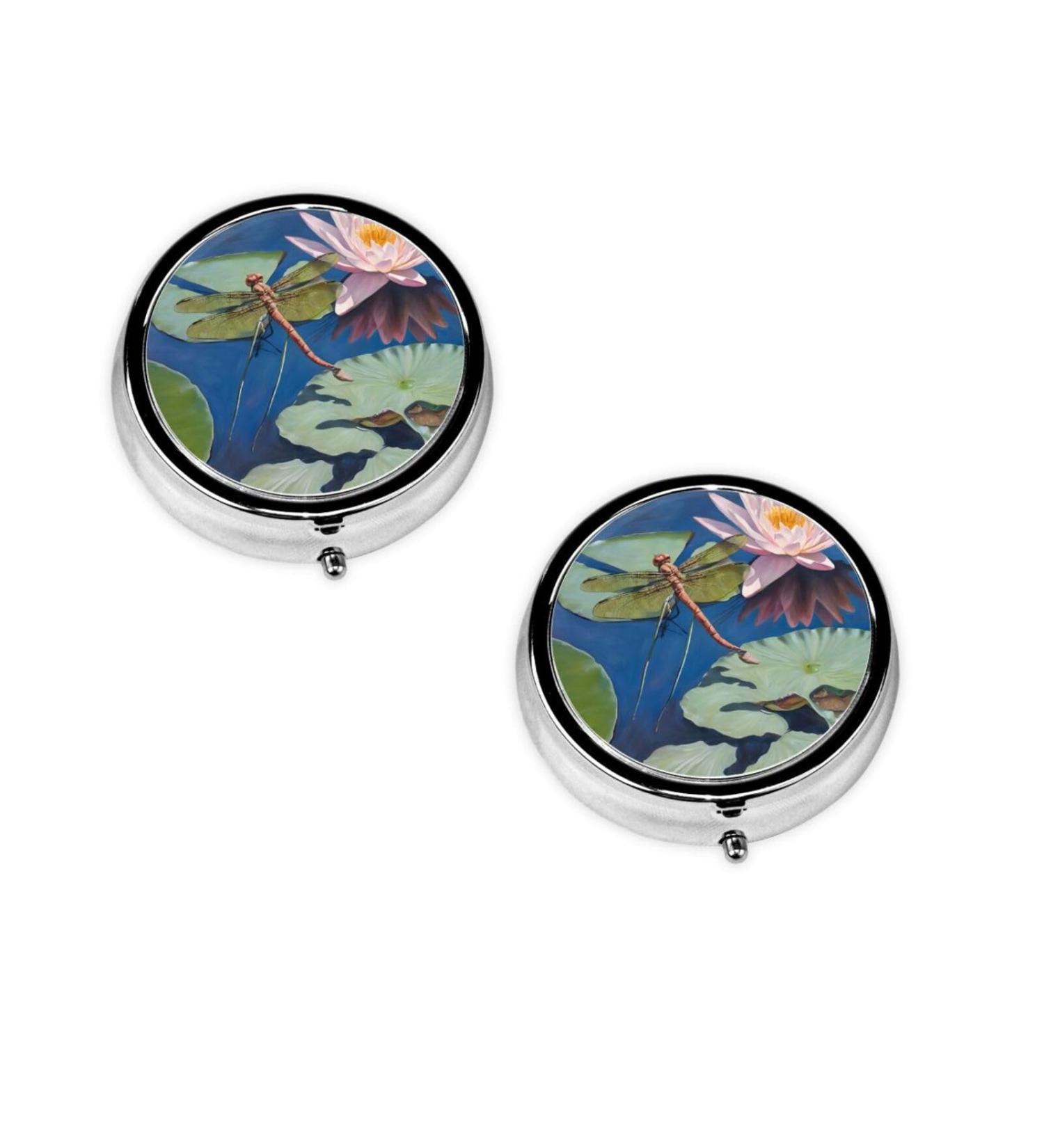 Dragonfly Painting Round Pill Box | 3 Compartment Portable Travel Medicine Organizer - Decorative Mini Purse for Vitamins & Tablets - Buy Online on GoSupps.com