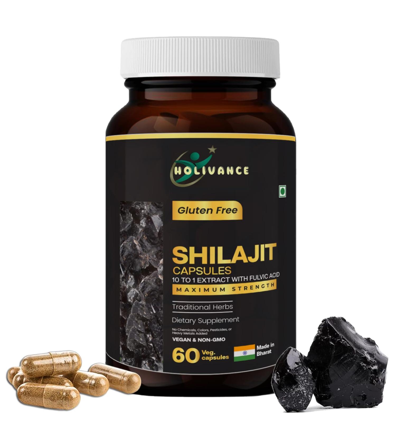HOLIVANCE Himalayan Shilajit Capsules 500mg | 10:1 Purified Extract with Fulvic Acid & Trace Minerals | Vegan Non-GMO Gluten-Free | Herbal Dietary Supplement 60 Veg Capsules - Buy Online on GoSupps.com