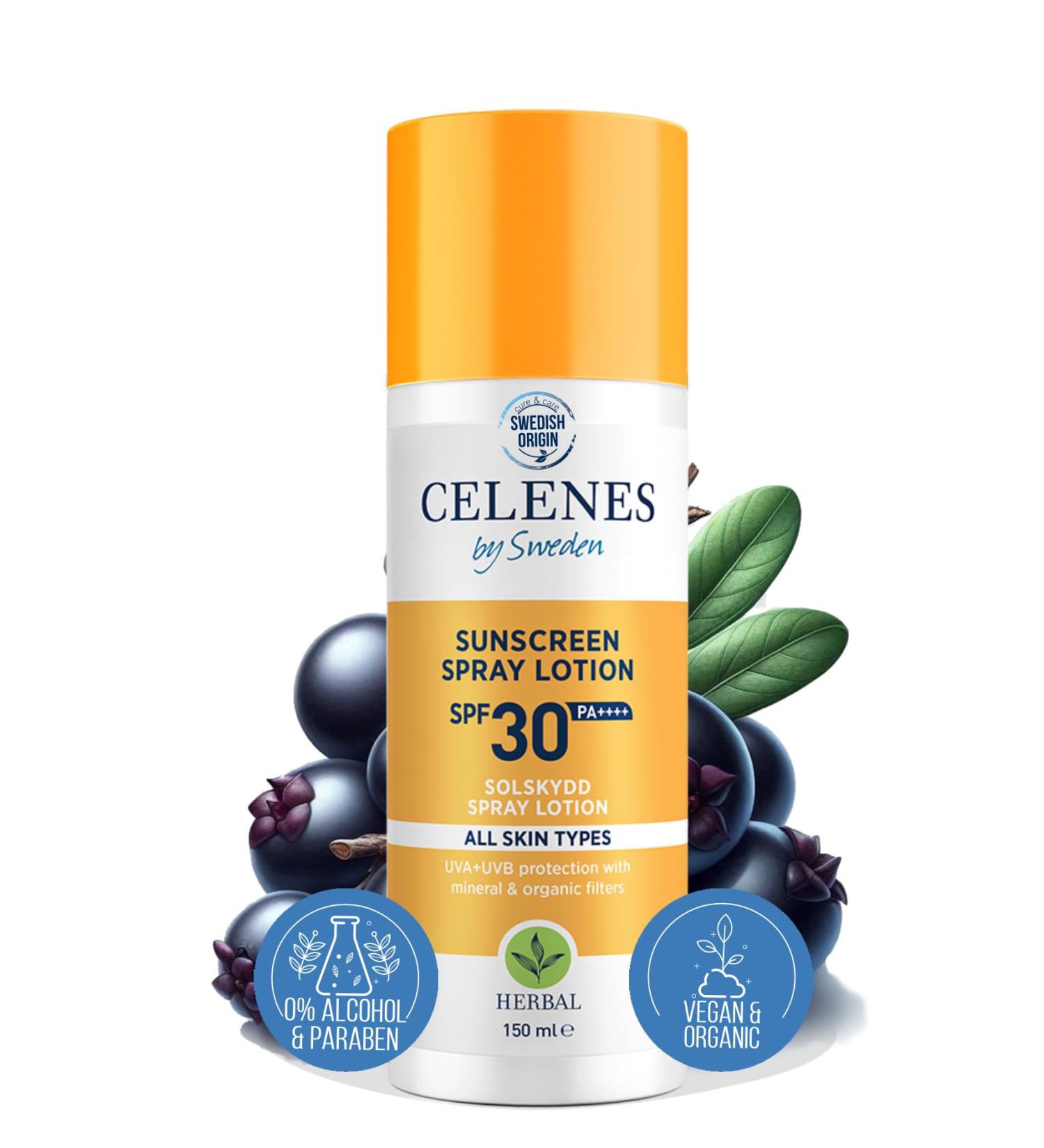 Celenes by Sweden SPF30+ Herbal Sunscreen Spray | Water-Resistant Organic & Mineral No Perfume/Parabens/Alcohol | 150ml | Suitable for All Skin Types - Buy Online on GoSupps.com