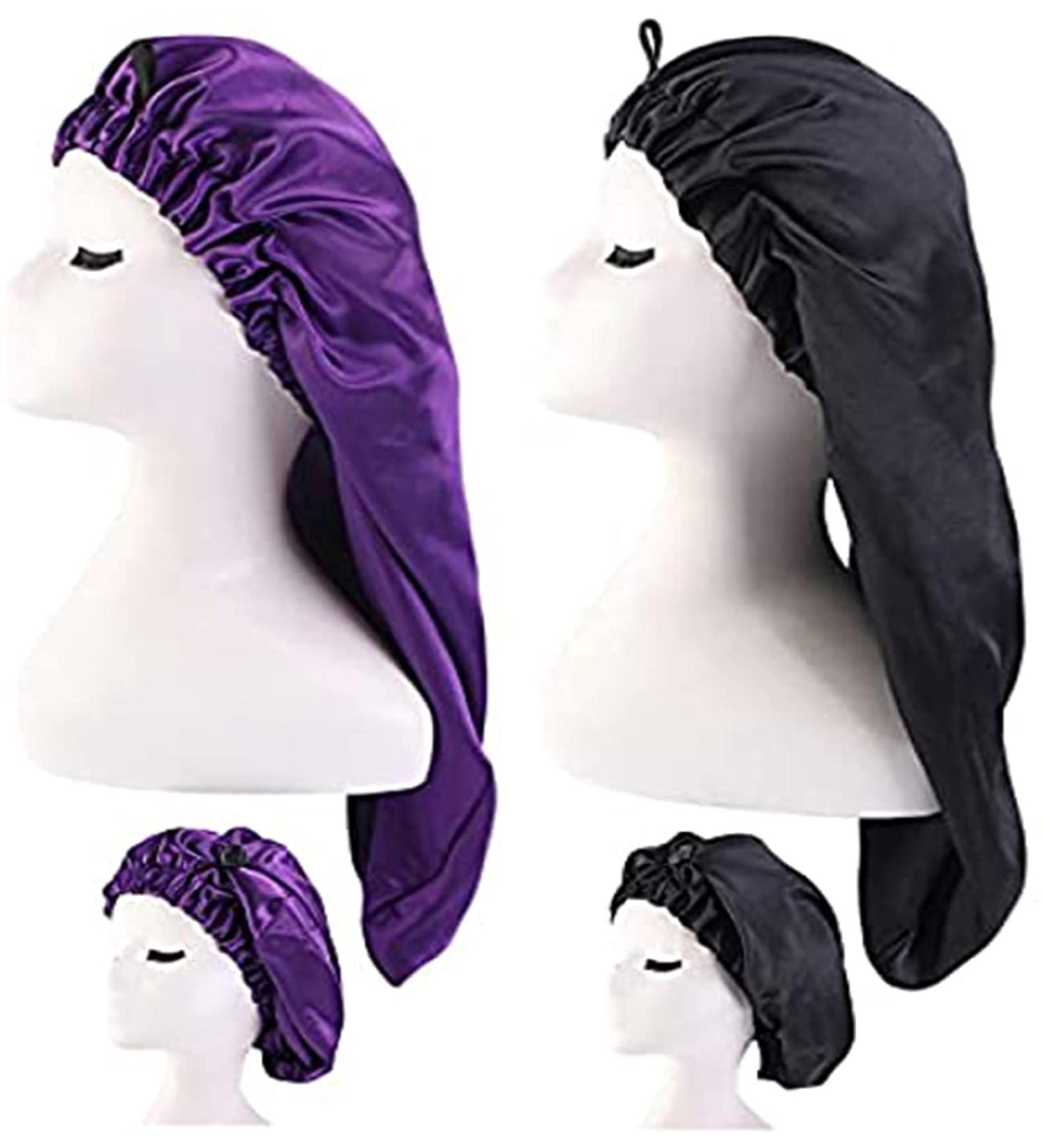 Women 2 Pack Long Satin Hair Bonnet - Black+Purple Satin Sleep Cap for Long Curly Hair Protection - Buy Online on GoSupps.com
