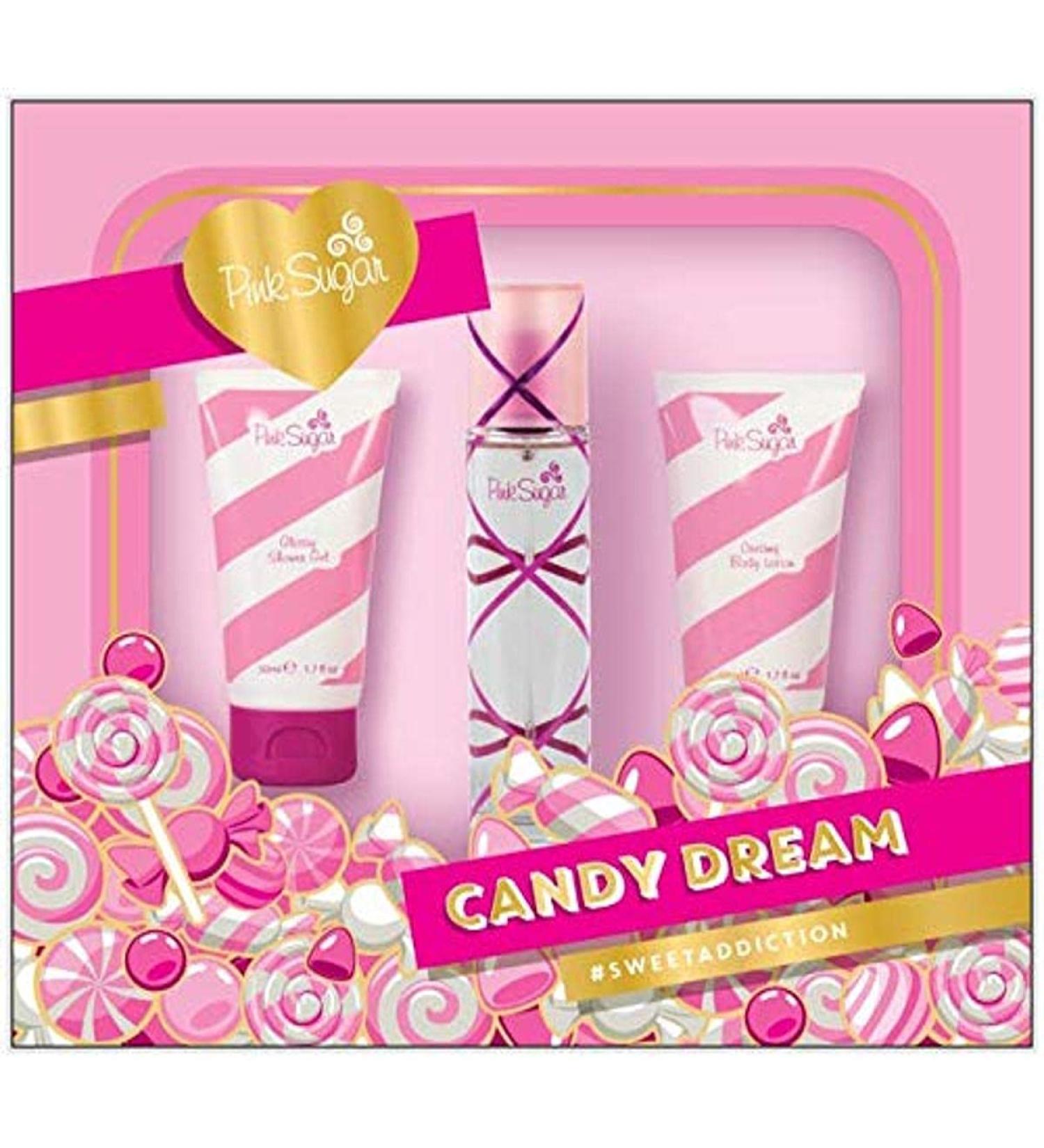 Pink Sugar Eau de Toilette Perfume for Women Floral + Fruity Scent Notes of Raspberry Cotton Candy and Vanilla Sweet and Sensual Fragrance 3 pc Gift Set- 1.7 EDT & 1.7 oz Shwr Gel & Bdy Wsh