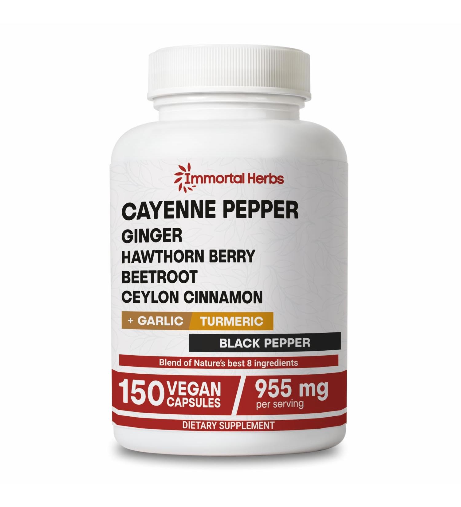 Immortal Herbs Cayenne Pepper Capsules w/Garlic Ginger Hawthorn Turmeric Cinnamon Beet Root and Black Pepper Extract 150 Cayenne Capsules Non-GMO & Gluten Free Capsaicin Supplement - Buy Online on GoSupps.com
