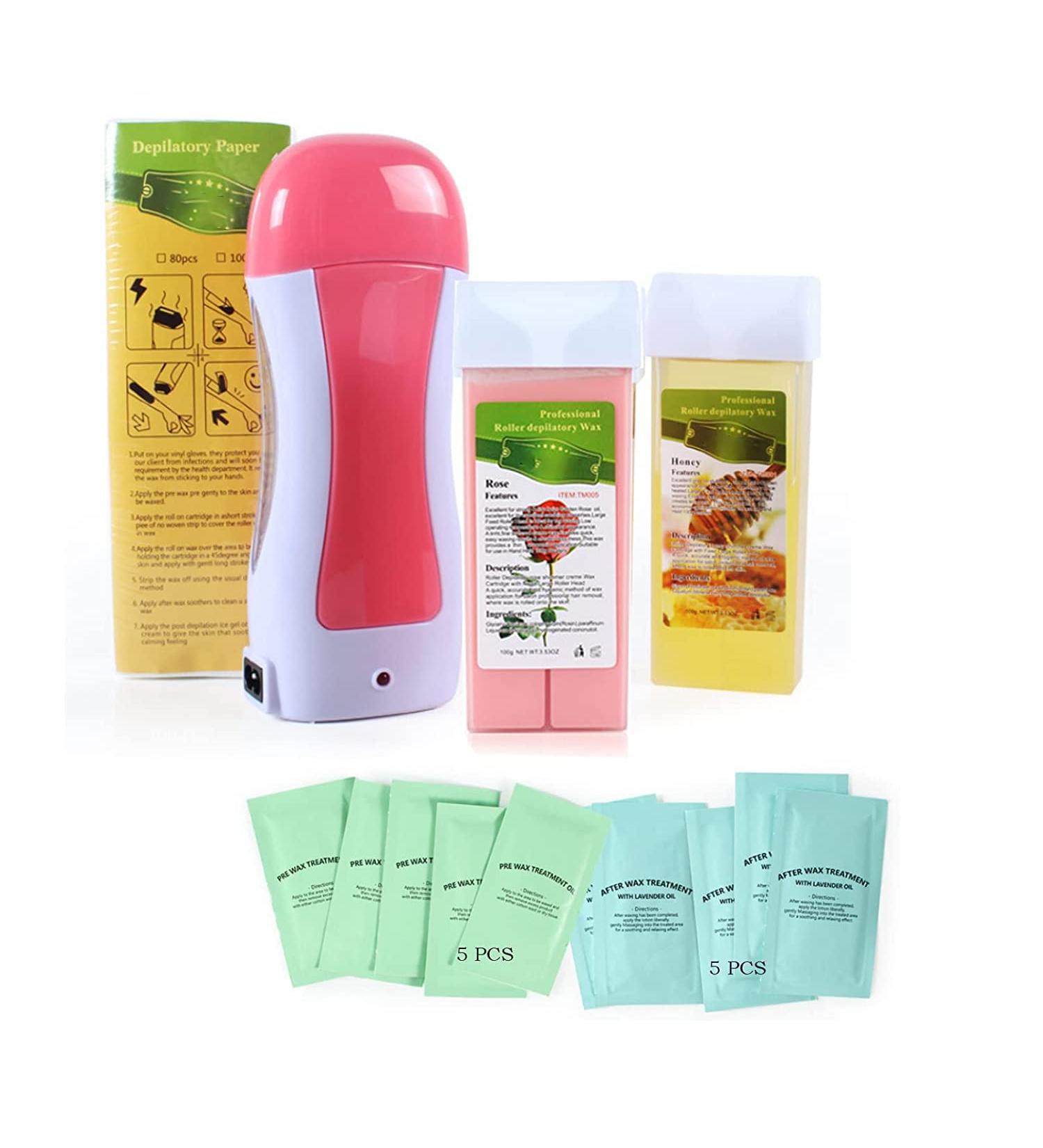 Roll On Wax Kit for Hair Removal - Waxing Kit with Portable Warmer, 2 Wax Cartridges, Oil Paper, and 100 Wax Strips - Pink - Buy Online on GoSupps.com