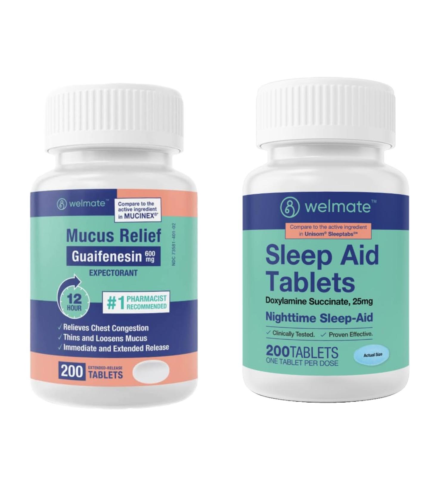 WELMATE Nighttime Wellness Bundle: Mucus Relief Guaifenesin 600mg Mucus Relief (200 Ct) & Doxylamine Succinate 25mg Sleep Aid (200 Ct) | Extended Relief for Restful Sleep - Buy Online on GoSupps.com