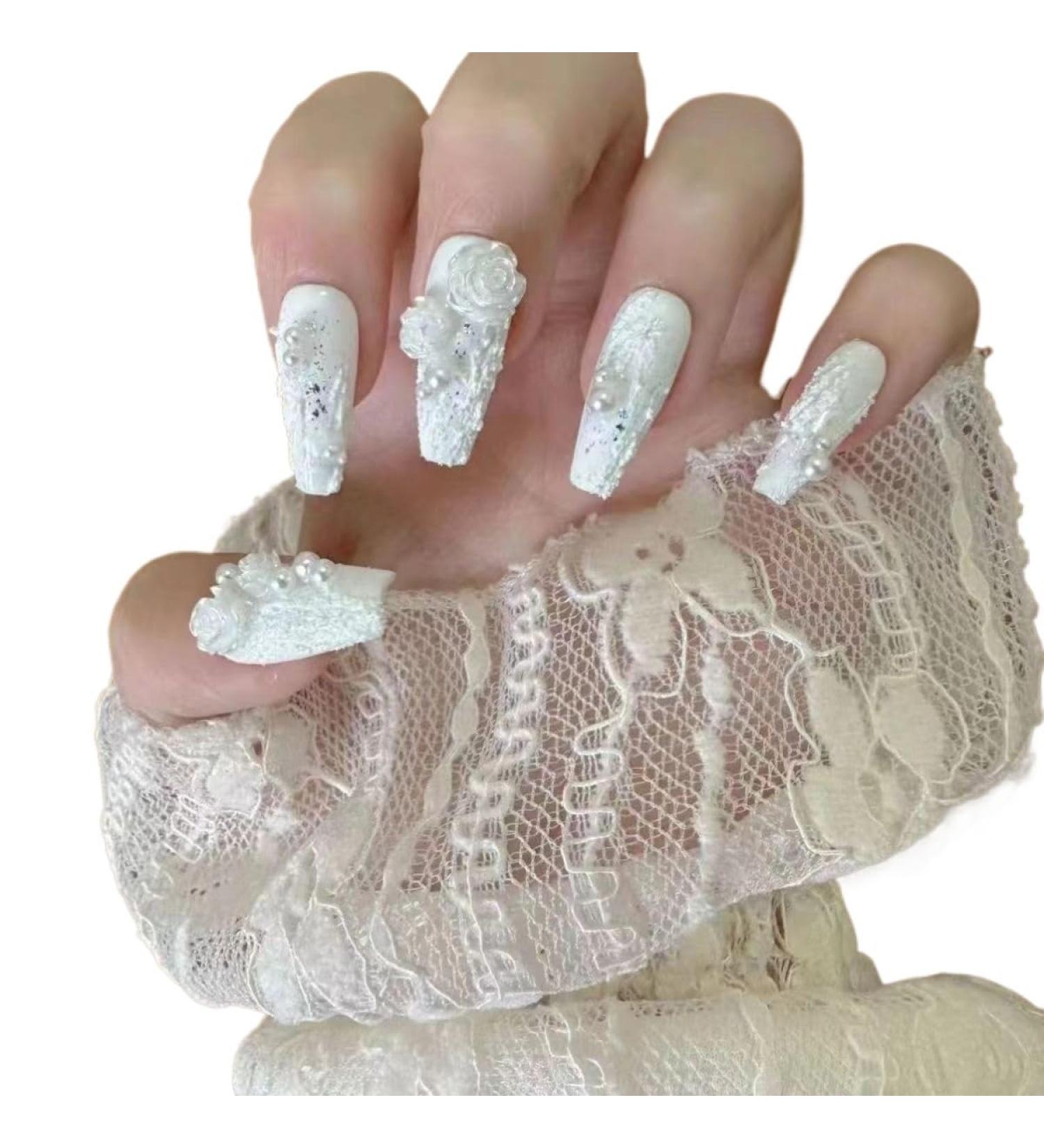 Temperament-enhancing manicure hand-wearing nail European and American pure marriage long white camellia detachable manicure wearing nail pearls.(M) - Buy Online on GoSupps.com