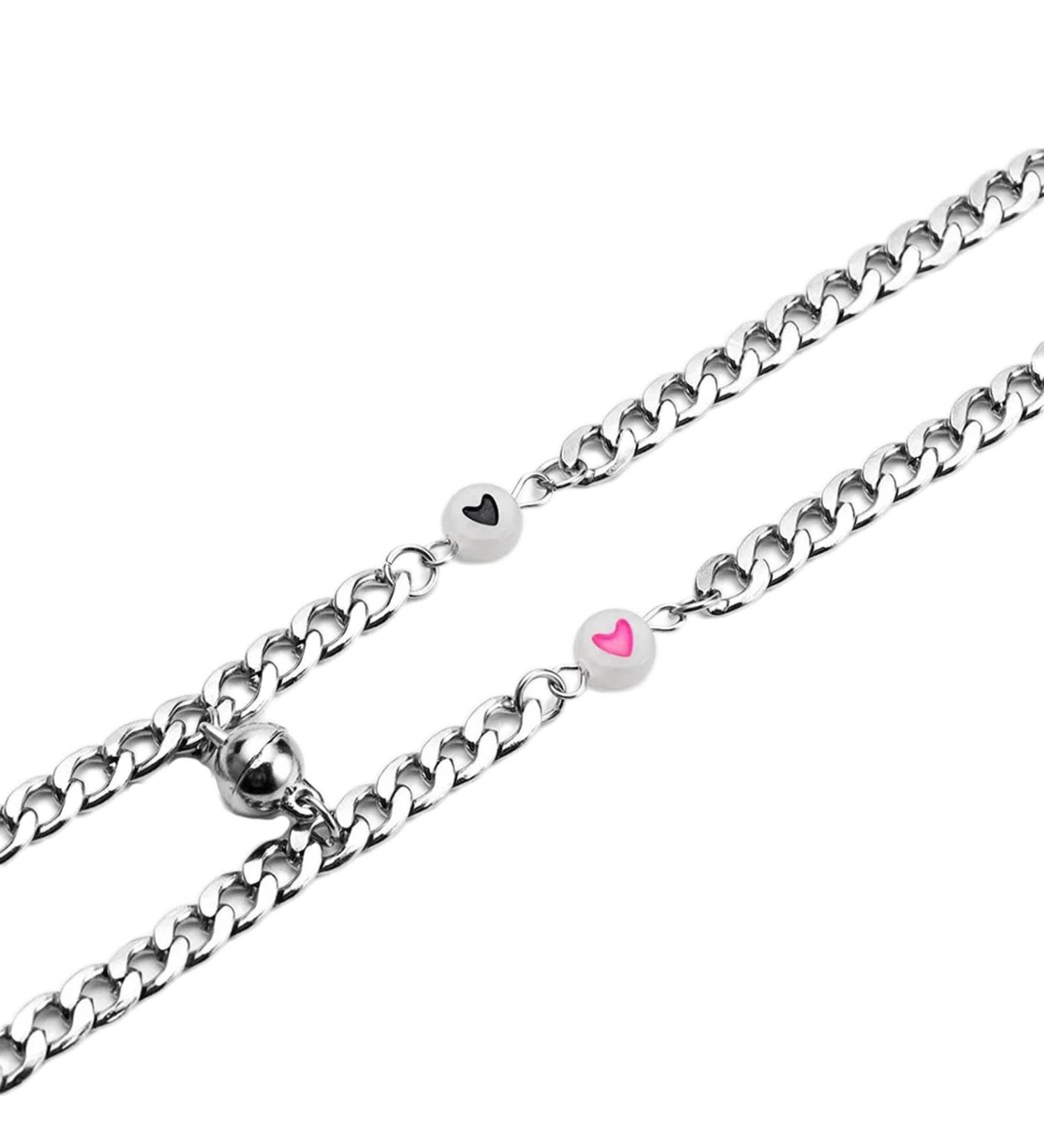 Oralgos Heart Pearl Bracelets Set for Couples - Adjustable Matching Bangles in Black & Pink - Perfect Friendship Gift - Buy Online on GoSupps.com