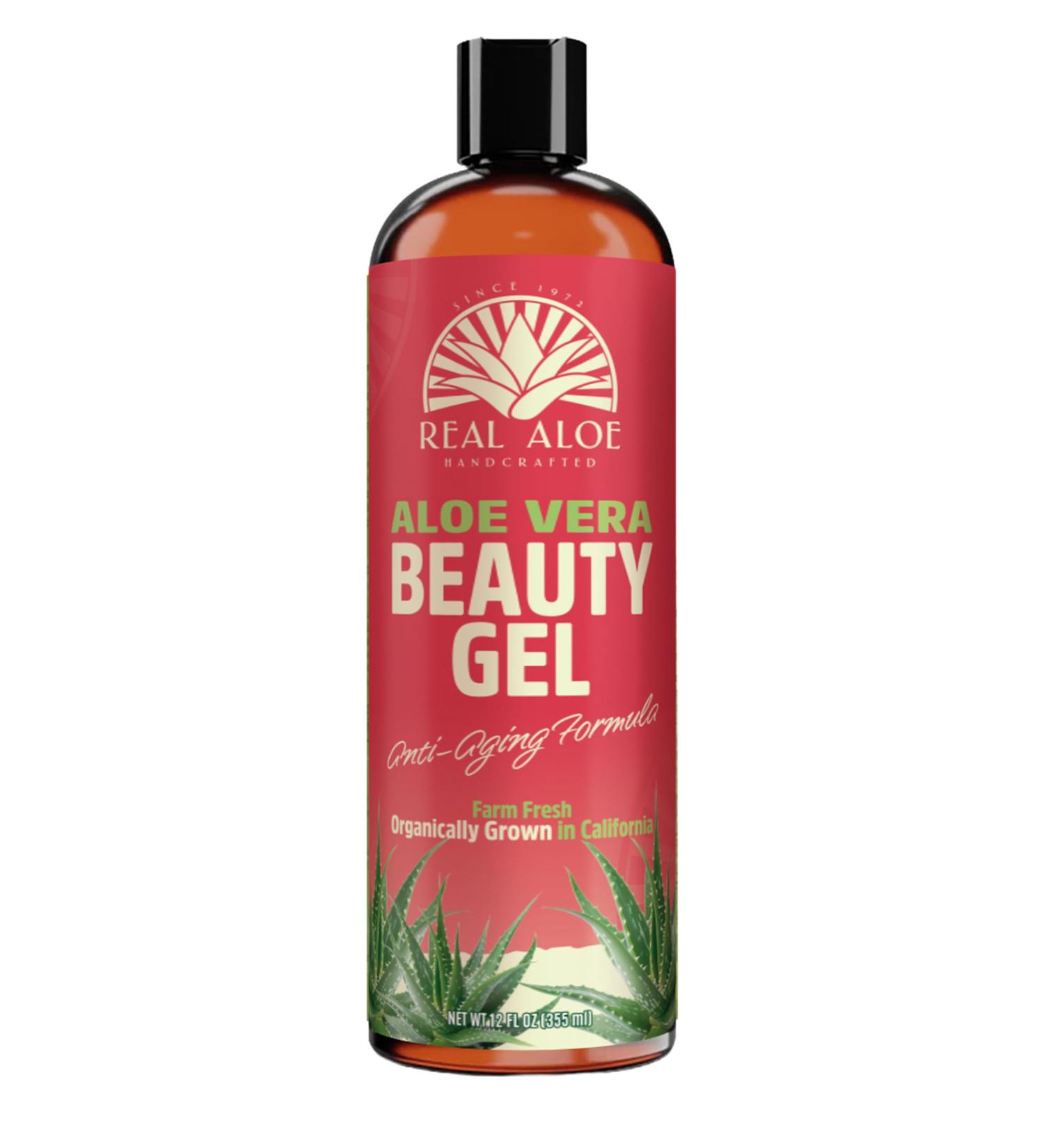 Real Aloe Beauty Gel (12 fl oz) | Organic California-Grown Aloe Vera with Vitamin C Hyaluronic & Polyglutamic Acid | Lightweight Fast-Absorbing Hydration for Skin & Hair | Made in USA