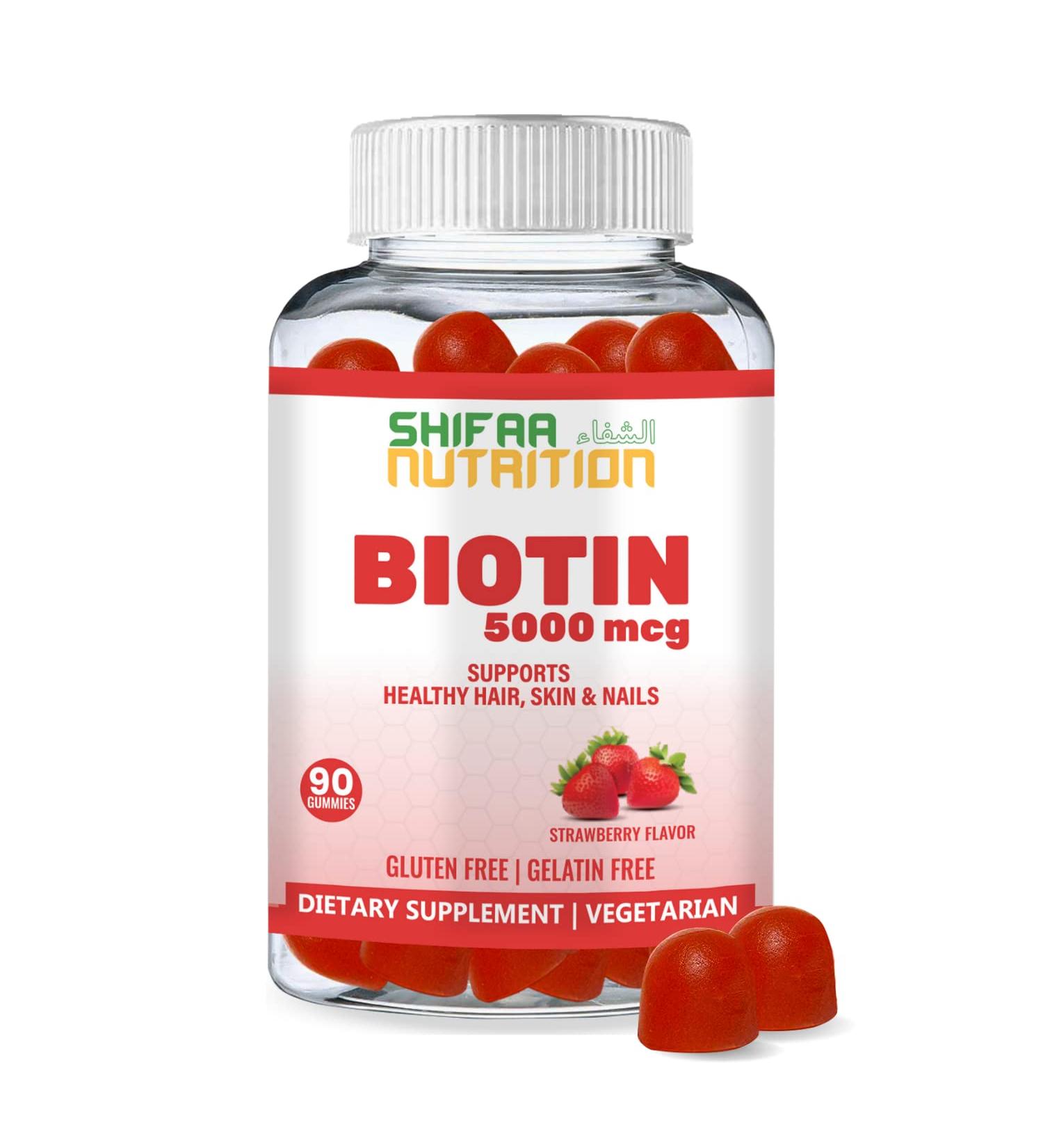 SHIFAA NUTRITION Vegan Biotin Gummies | 5000 mcg 90 Gummies | Hair Skin & Nails Vitamins for Adults & Kids | Non-GMO, Gluten & Dairy-Free | Halal Certified - Buy Online on GoSupps.com