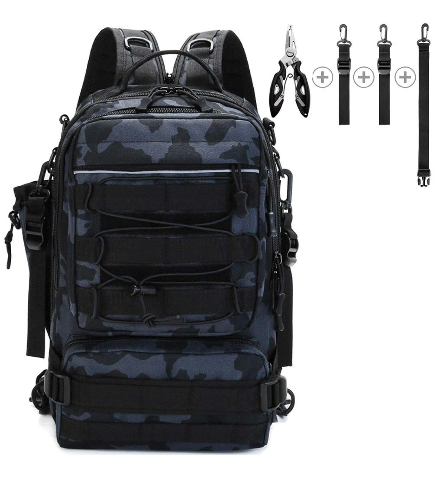 Outdoor Fishing Tackle Backpack with Rod Holder and Plier Pocket - Black Camo (14.5x9x5.5 Inch) - Buy Online on GoSupps.com