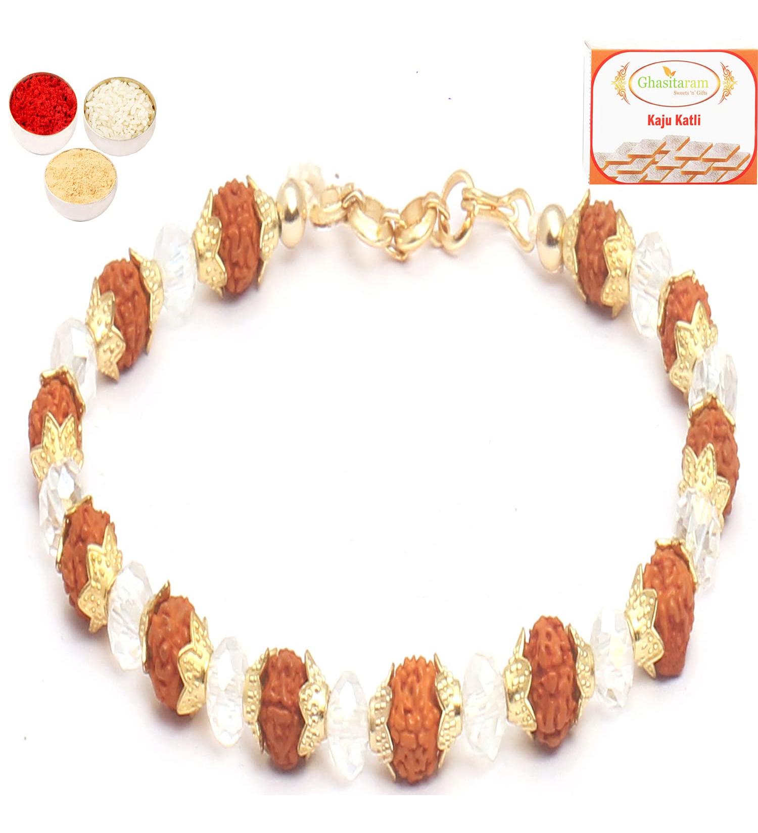 Ghasitaram Gifts Rakhi for Brother Rakhis Online - 5595 Rudraksh Pearl Bracelet Rakhi with 200 GMS of Kaju katli - Buy Online on GoSupps.com