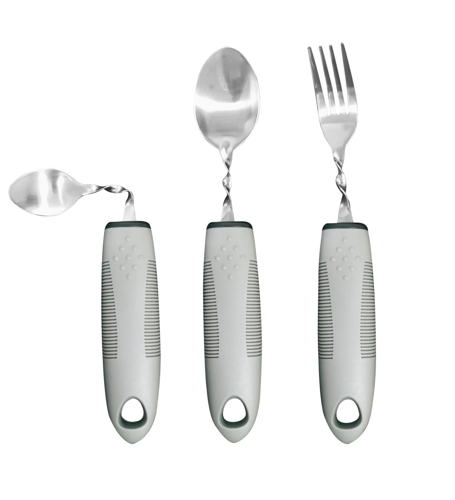 Adaptive Utensils Handed Curved Spoon and Fork Set for Elderly Hand Tremors Parkinson's and Handicapped Non-Slip Easy Grip Handles Eat Independently - Buy Online on GoSupps.com