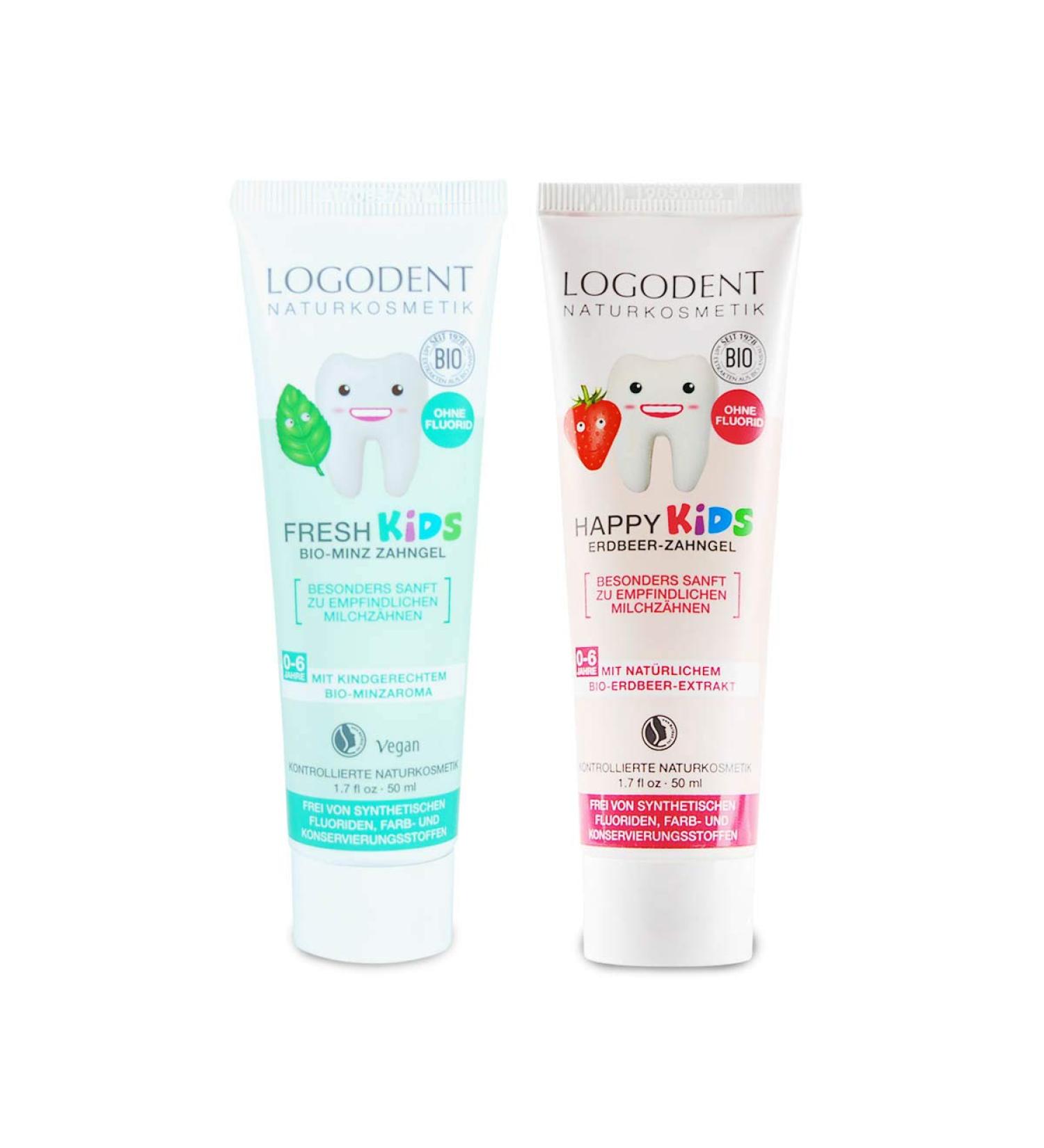 Ideenmanufaktur Logona Logodent Tooth Gel Kids Spearmint 50 ml and Tooth Gel Kids Strawberry 50 ml in a set for fresh variety