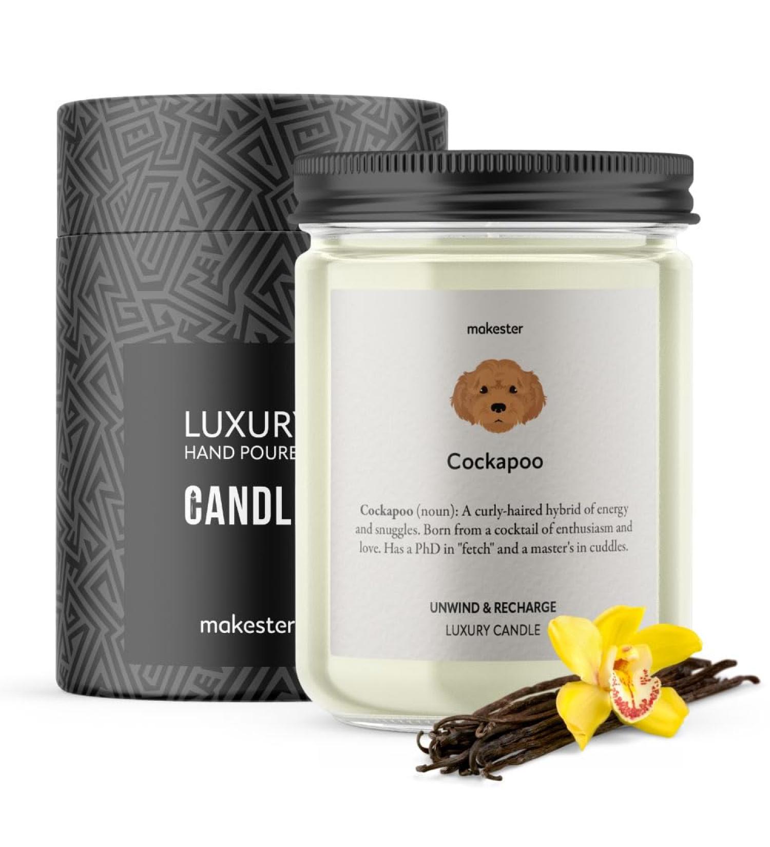 Cockapoo Candle - 220g Soy Wax with Madagascan Vanilla Jasmine & Sugared Almond - Perfect Dog Lover Gift for Christmas or Birthday | Makester - Buy Online on GoSupps.com