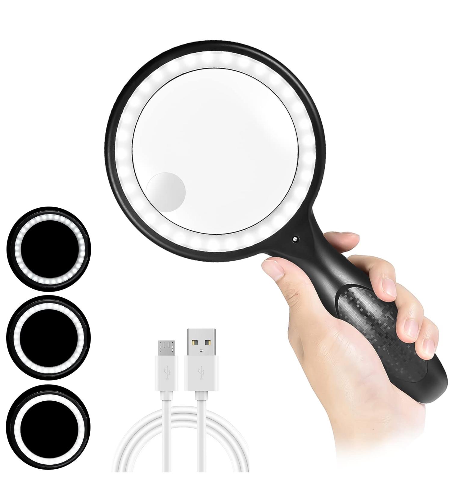 LED Magnifying Glass with Light - 60X Handheld Magnifier USB Charging 3 Modes - Ideal for Seniors Children Jewelers & Hobbies - Black - Buy Online on GoSupps.com