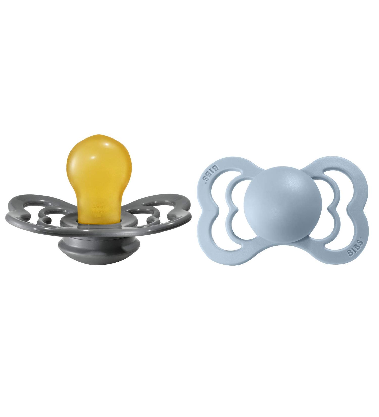 BIBS Pacifiers - Supreme Collection | BPA-Free Baby Pacifier | Made in Denmark | Set of 2 Iron/Baby Blue Color Premium Soothers | Size 6-18 Months - Buy Online on GoSupps.com