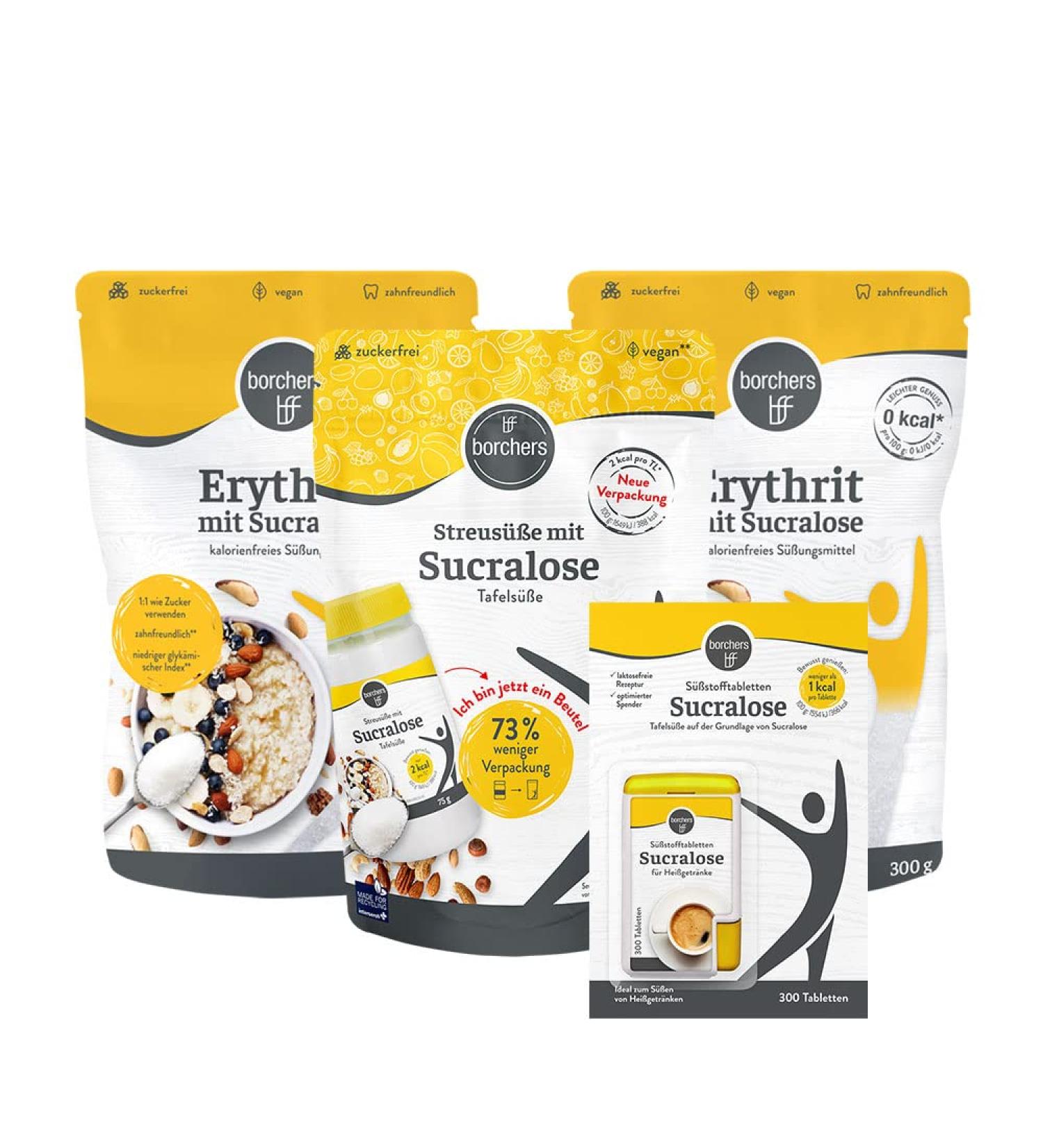 Borchers Sucralose Trial Package - 2 x 300g Crystalline Sweetener 75g Granulated Sweetener & 300 Tablets - International Shipping Available - Buy Online on GoSupps.com