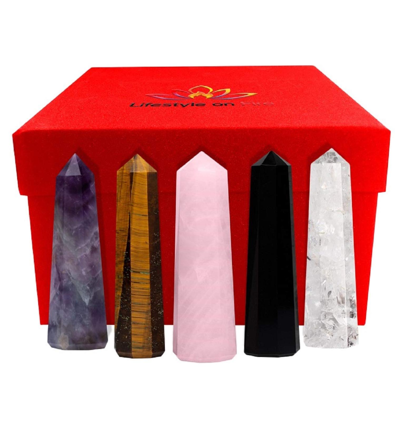 Large Healing Crystal Wand Set - 5pc 3 Standing Towers & Points - Rose Quartz, Clear Quartz, Tigers Eye, Amethyst, Black Obsidian - Spiritual Decor - Buy Online on GoSupps.com