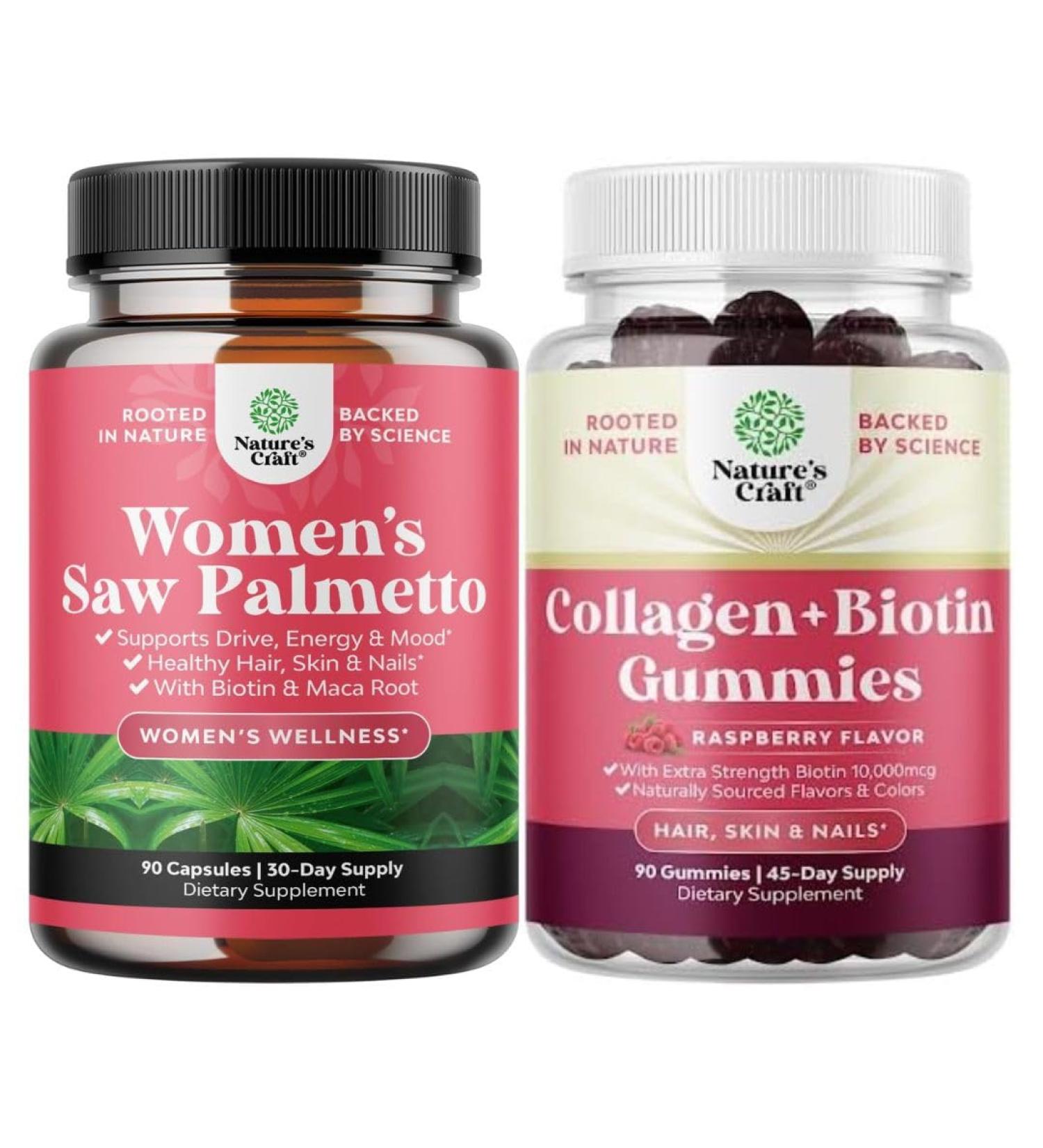 Bundle of Extra Strength Saw Palmetto for Women 500mg - Hair Vitamins with Maca Root and Hair Skin and Nails Gummies - Extra Strength Biotin and Marine Collagen Biotin 10000mcg per serving - Buy Online on GoSupps.com