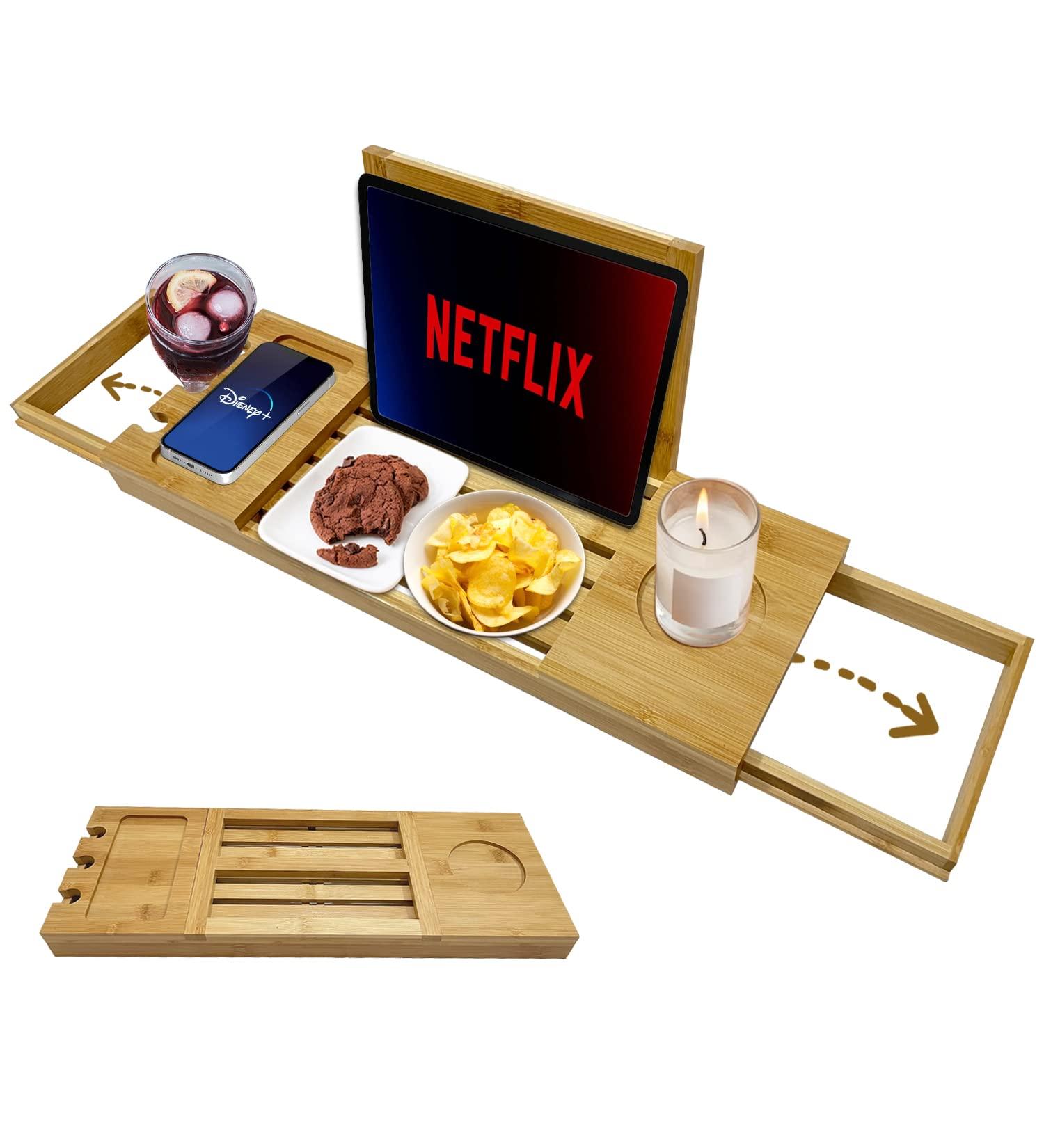 Luxury Bamboo Wooden Bathtub Tray Caddy - Adjustable Expandable Design with iPad/Book Holder - Fits Most Jacuzzis & Tubs - Great Gift Idea - 1 Pack - Buy Online on GoSupps.com