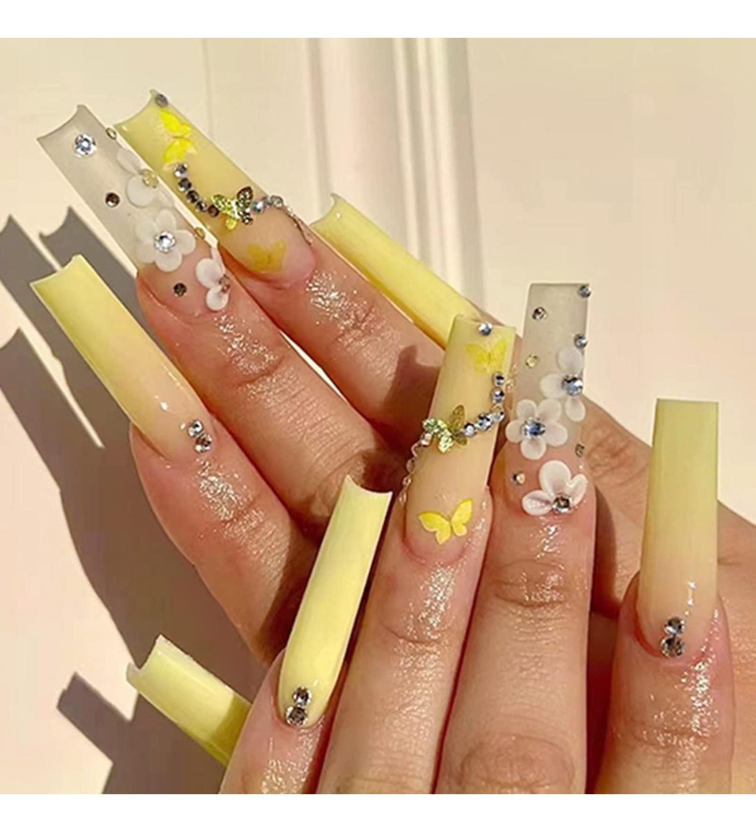 JUSTOTRY 24 Pcs Diamante Lemon French Press-on Nails with Flower Designs | Nude Medium Ballerina False Nails for Women | Acrylic Coffin Nails with Glue for Nail Art - Buy Online on GoSupps.com