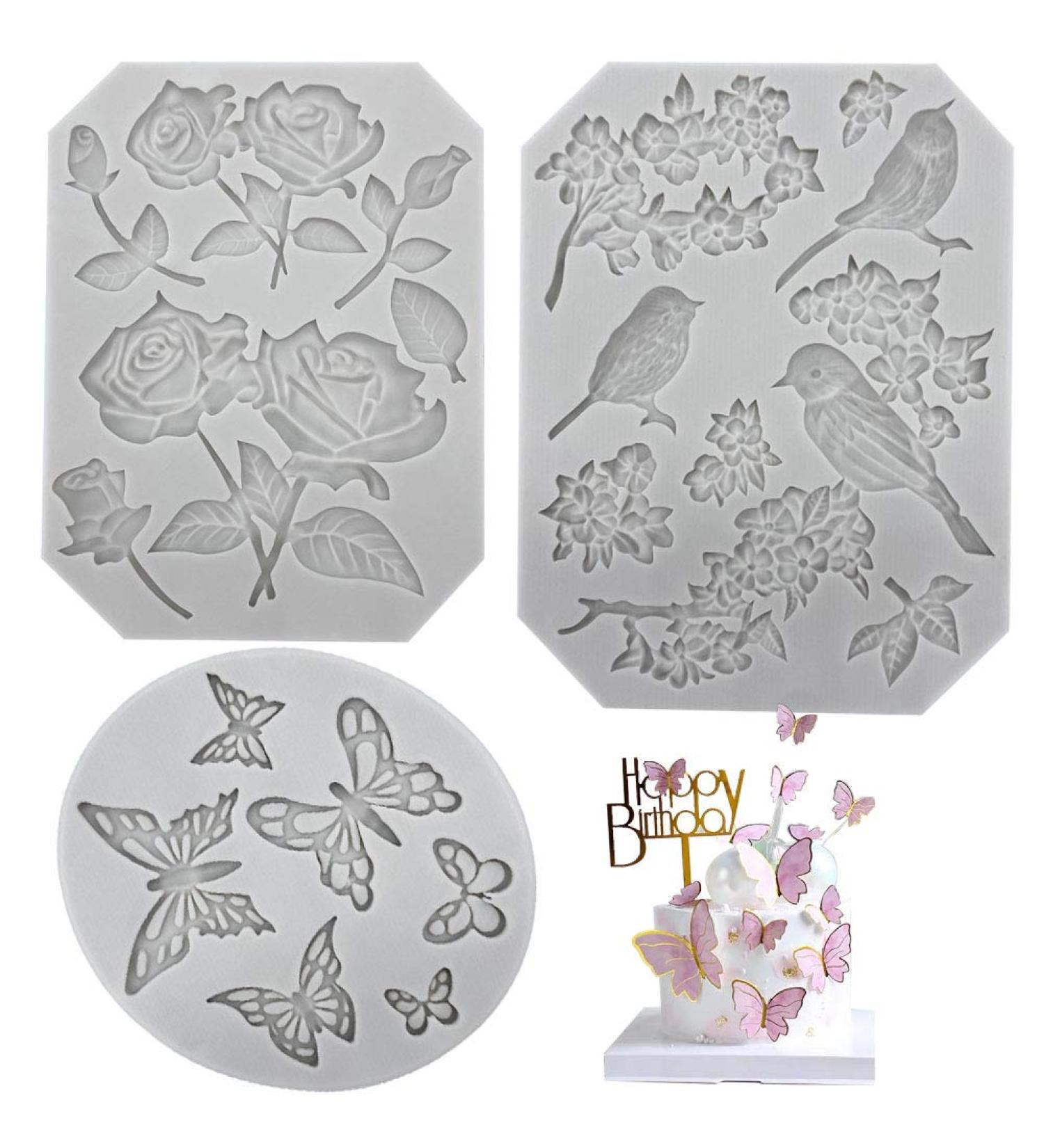 3 Pack Butterfly Rose Flower Stems Birds Blossoms Silicone Fondant Mold for Cake Decoration and DIY Projects - Buy Online on GoSupps.com