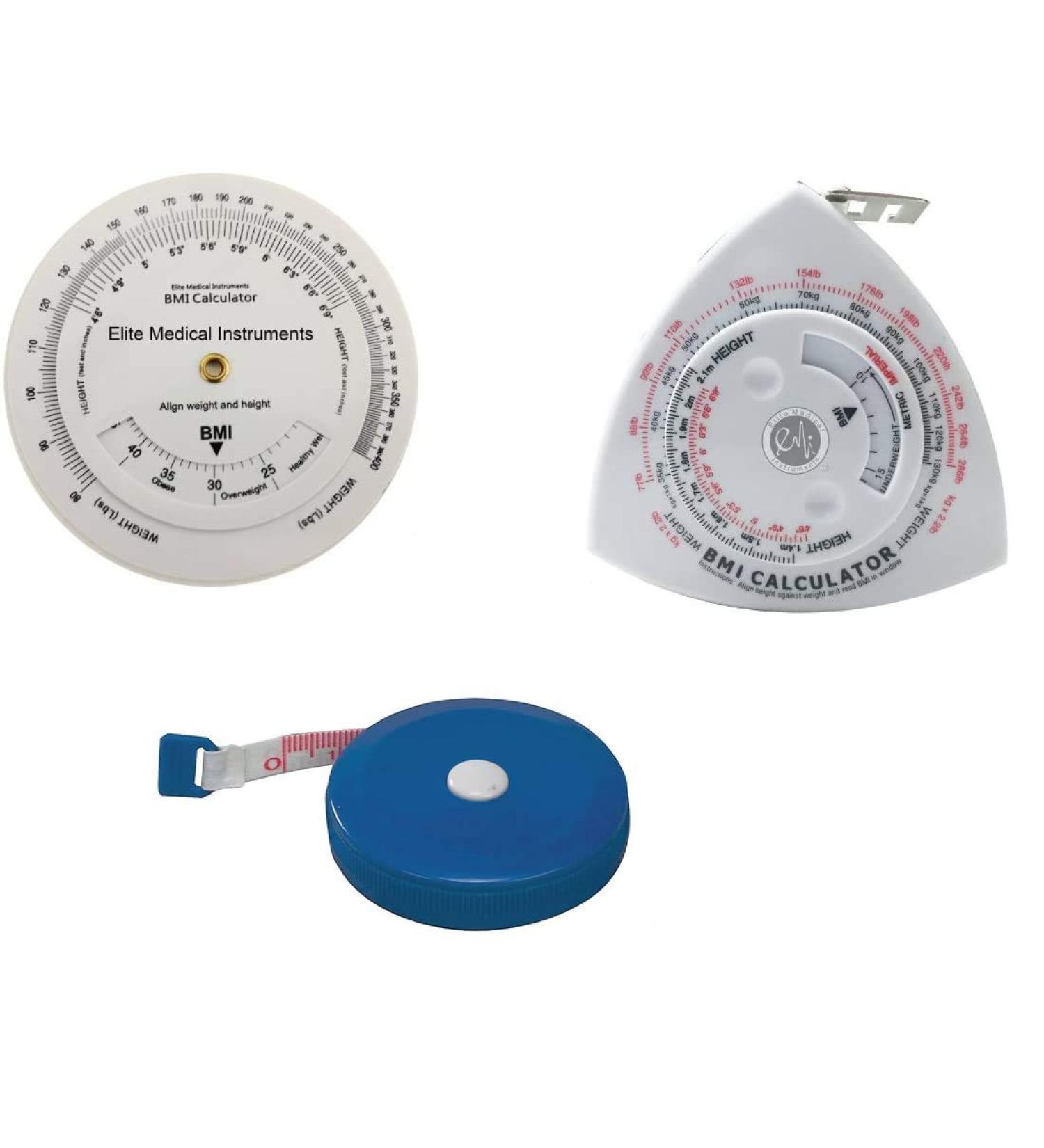 EMI 3 Piece Fitness Body Mass Index Measurement Set: BMI Wheel Calculator, BMI Triangle Calculator Body Tape Measure, and Standard Body Tape Measure