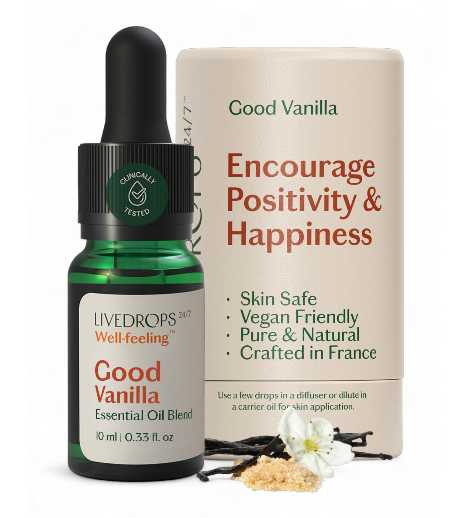 LIVEDROPS 24/7 Good Vanilla Essential Oil Blend Natural Vegan Aromatherapy for Diffuser or Diluted Skin Use Sweet Warm Creamy Scent Made in France Bottled in USA Clinically Tested 10ml - Buy Online on GoSupps.com