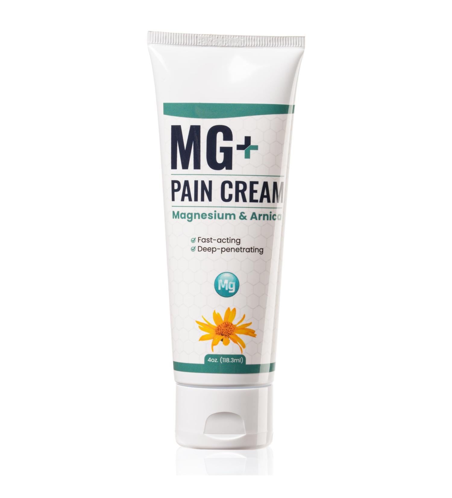 MG+ Pain Cream Squeeze Tube - Extra Strength Magnesium and Arnica Cream - 4 OZ New Squeeze Tube - Sore Legs and Joints, Leg Cramps, Sports and Arthritis Pain Rub - 1 Pack - Buy Online on GoSupps.com