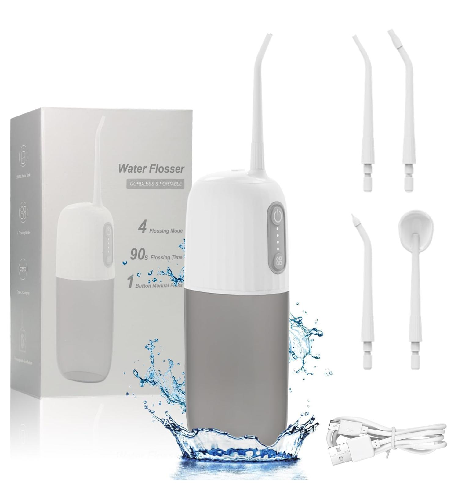 Portable Water Flosser for Teeth - IPX7 Waterproof Rechargeable Travel-Friendly - 200 ML Tank 4 Modes & 4 Jet Tips - Buy Online on GoSupps.com