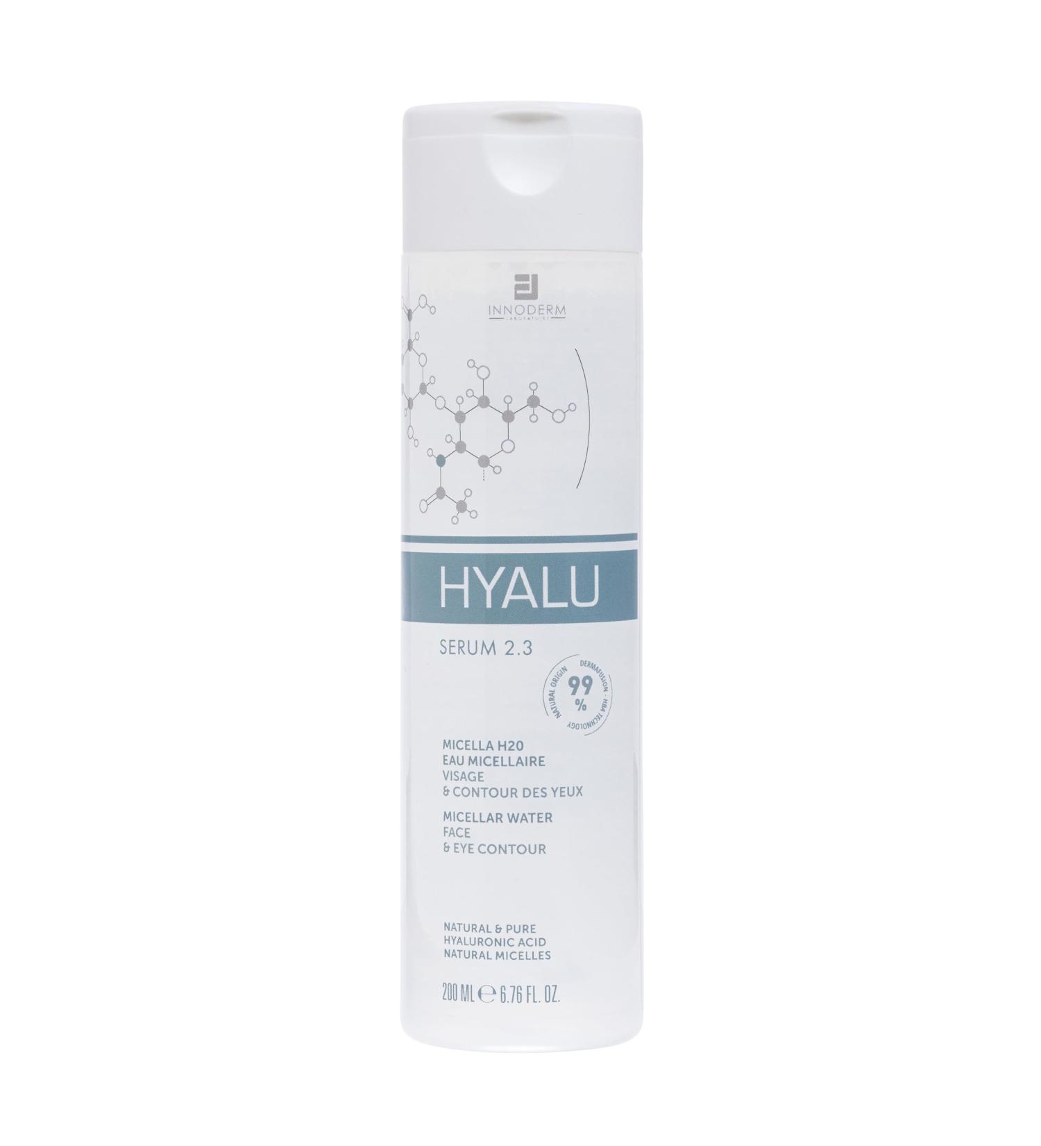 Innoderm | HYALU2.3 Micella H2O | Micellar cleansing & make-up removing water | Hydration & Radiance | Face & Eye contour | Pure Hyaluronic Acid & Melatonin | 99.9% natural - 200 ml - Buy Online on GoSupps.com