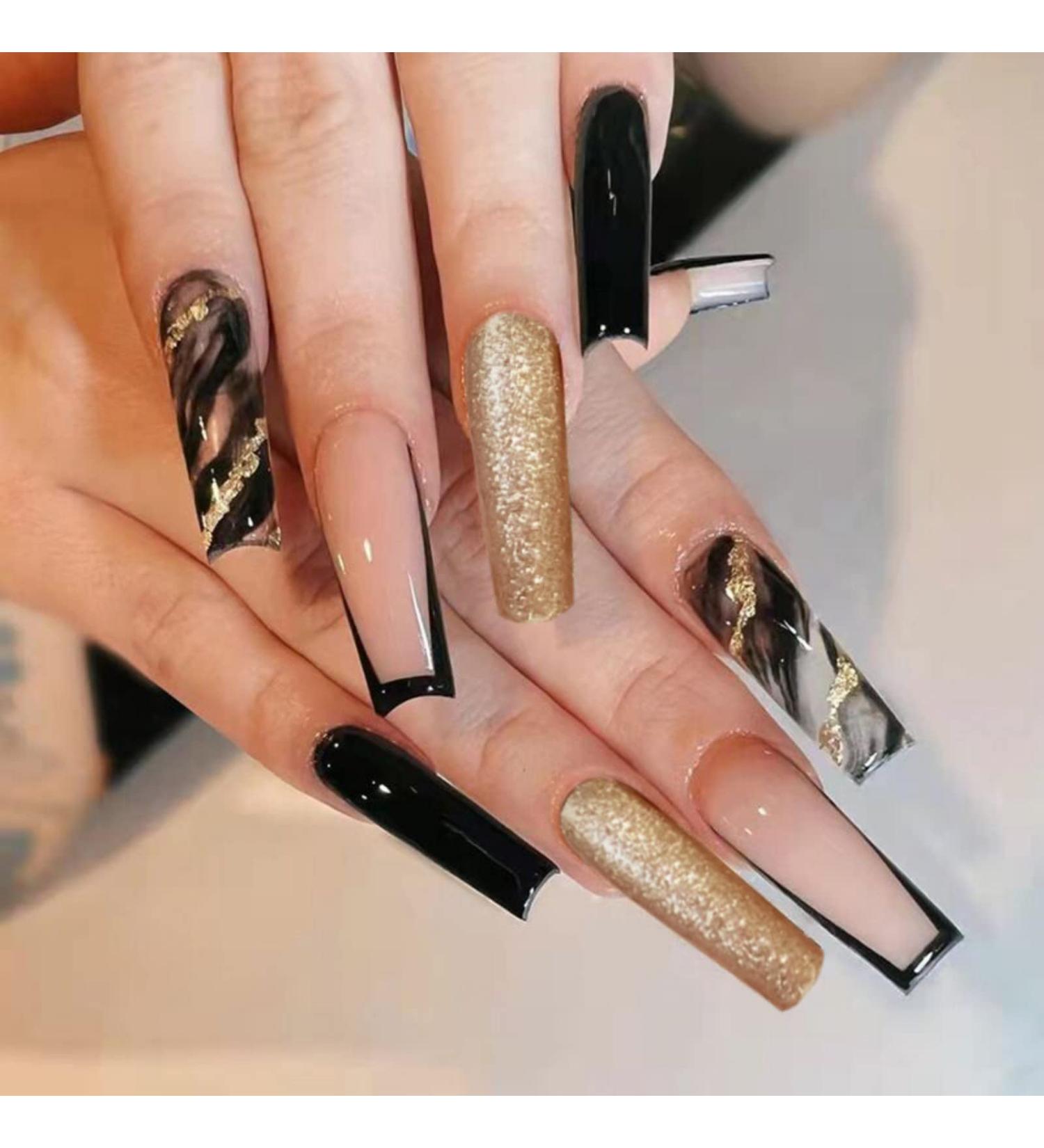 Justotry 24 Pcs Leopard Coffin Nails - Long Black French Press on Nails with Gold Glitter | Ballerina Artificial Nails for Women - Buy Online on GoSupps.com