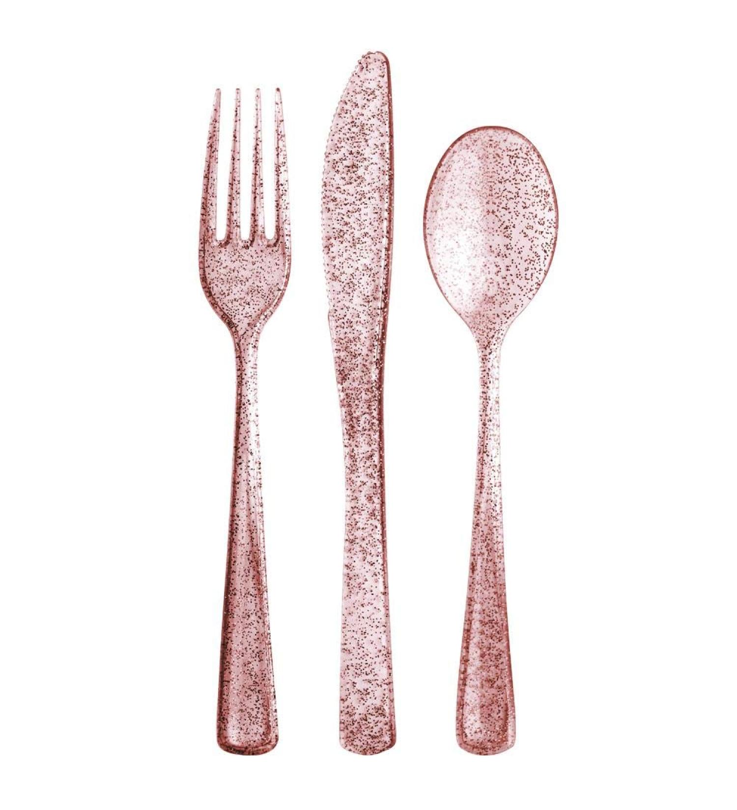 Lillian Collection Plastic Cutlery Combo Box | Rose Gold Glitter | Pack of 48