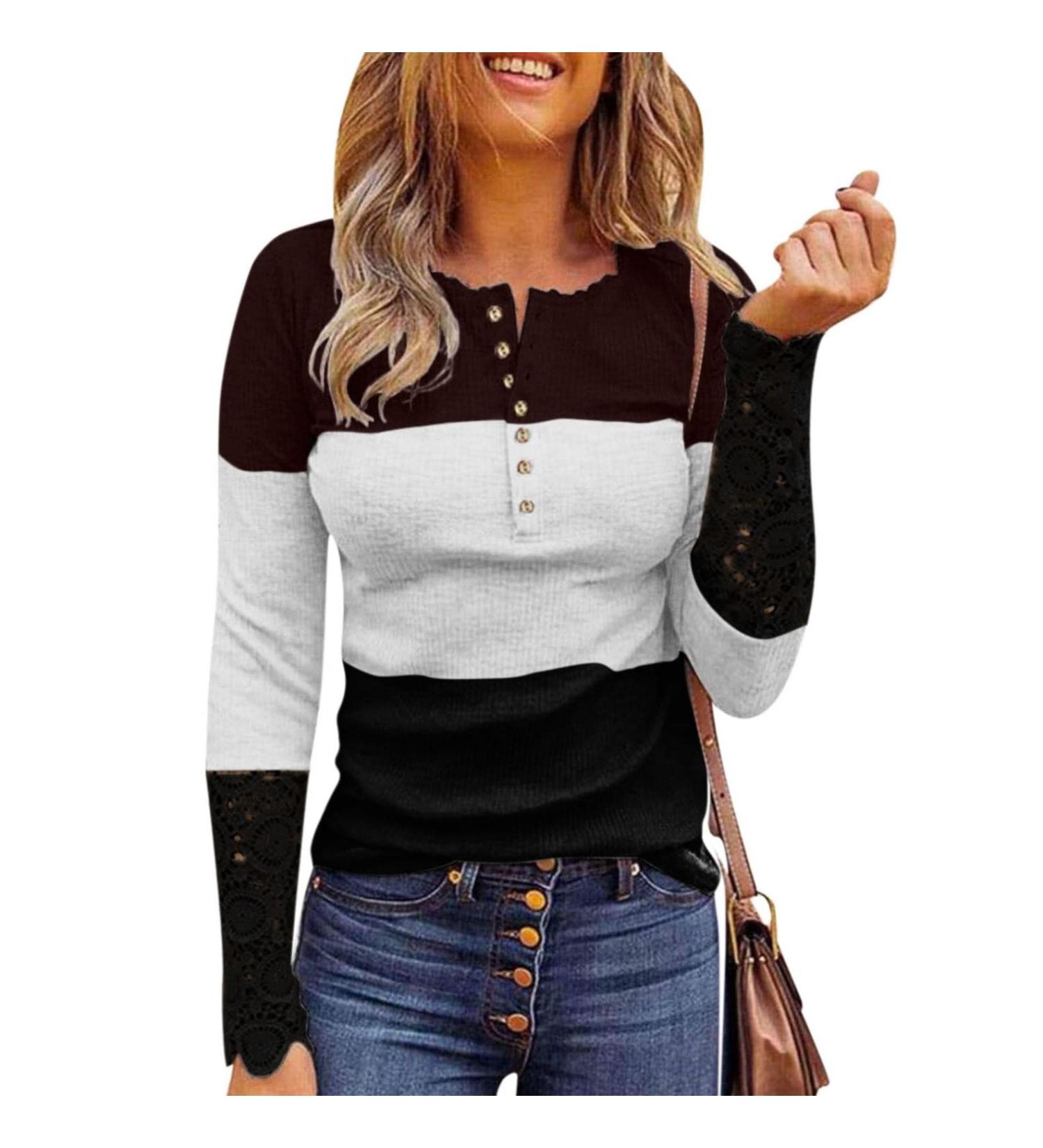 Women's Ribbed Knit Henley Long Sleeve Tunic Lace Top - X-Large Black | Trendy Slim Fit Button Shirt - Buy Online on GoSupps.com