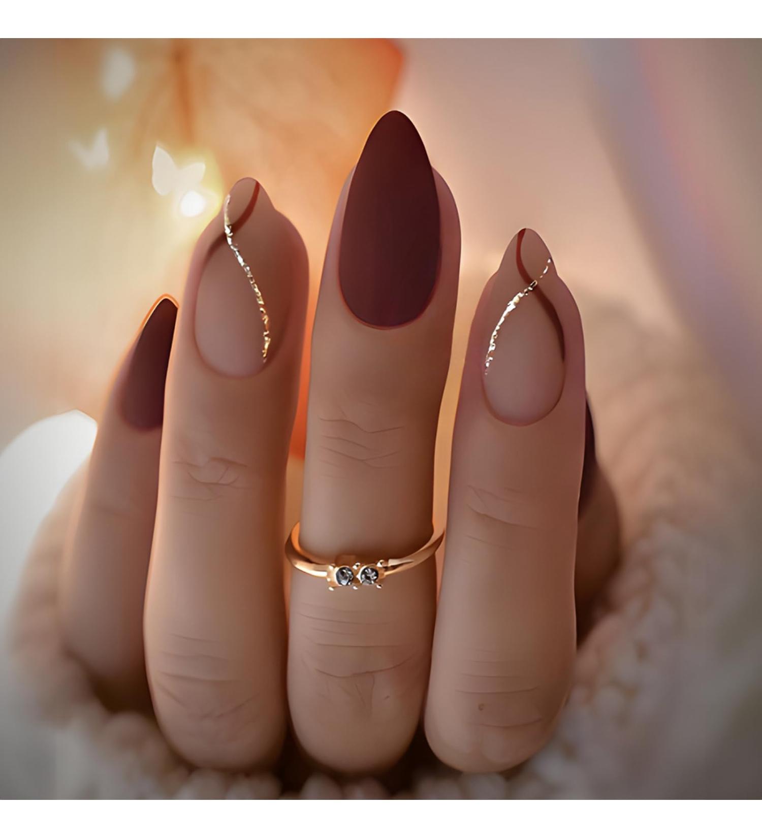 24 Pcs Short Almond Press on Nails - Solid Burgundy Medium Fake Nails with Gold Glitter Stripe | Reusable Acrylic False Nails Kit for Women | Nail Glue & Mini Nail File Included - Buy Online on GoSupps.com