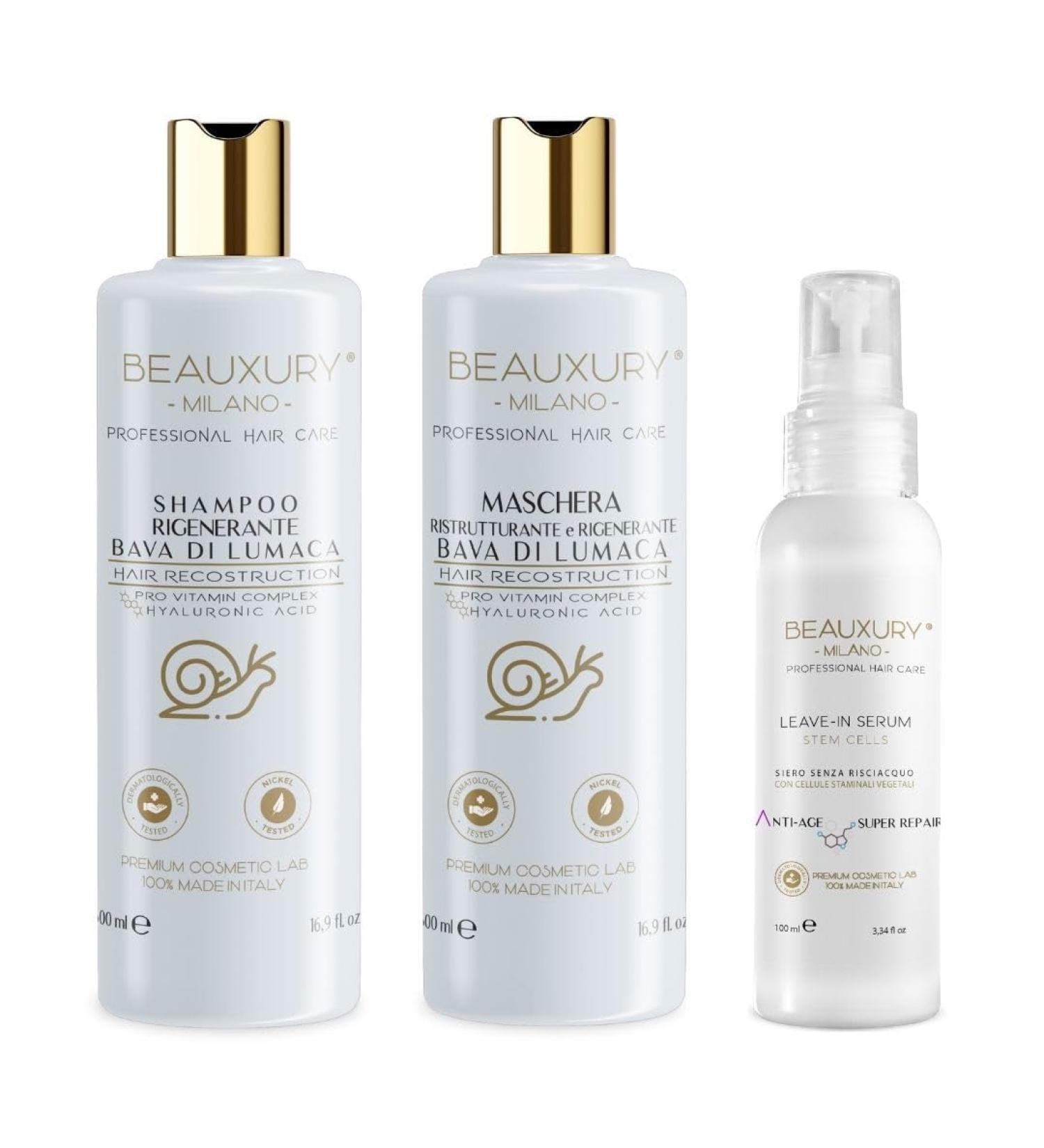 Beauxury Milano Reconstruction Kit Shampoo Mask and Hair Serum with Snail Slime and Hyaluronic Acid for Frizzy Hair Ideal for Hair Damaged by Coloring and Bleaching - Buy Online on GoSupps.com