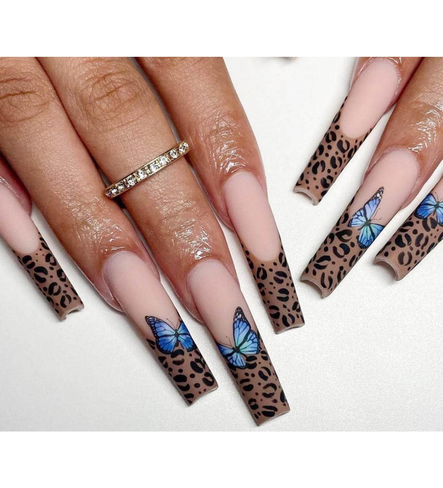 Buy Vatocu Long Matte False Nails - Butterfly & Leopard Print Acrylic Stick-On Nails for Women & Girls (24pcs) - Buy Online on GoSupps.com