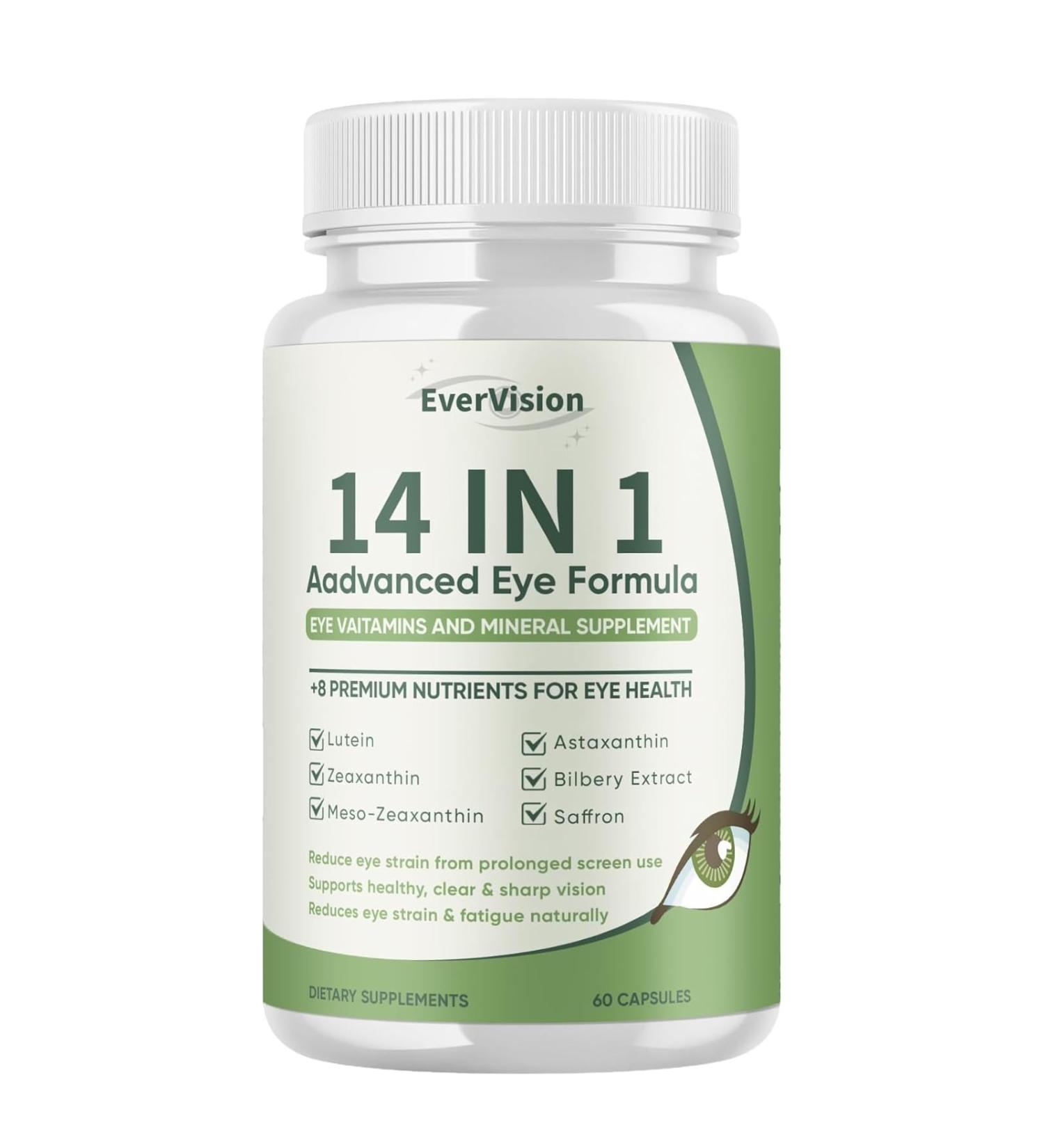 EVERVISION 14 in 1 Advanced Eye Formula - Eye Vitamins & Minerals Supplement with Lutein Zeaxanthin Astaxanthin Bilberry Zinc 14-in-1 Formula for Eye Health Support - 60 Capsules (1) - Buy Online on GoSupps.com