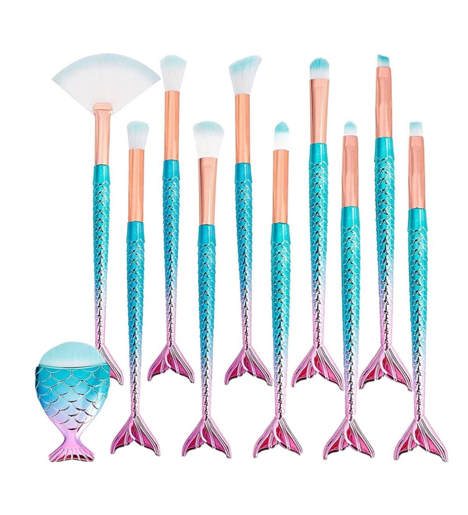 Ykkj 11-Piece 3D Mermaid Makeup Brush Set | Professional Cosmetics Brush Set for Foundation Blush Eyeshadow & More | International Shipping Available - Buy Online on GoSupps.com