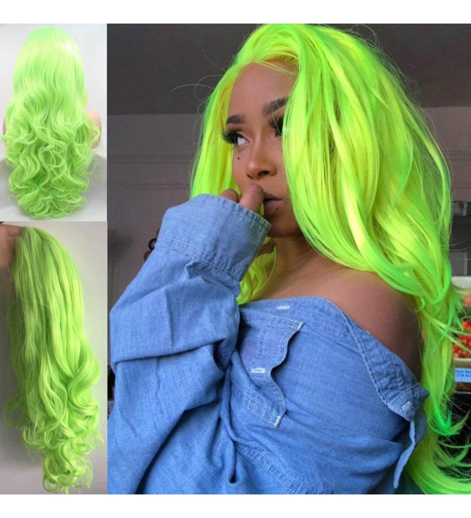 13x2.5 Fluorescent Green Lace Front Wig for Women - Naturally Wavy Heat-Resistant Synthetic Hair (Neon Green 66cm) - Buy Online on GoSupps.com